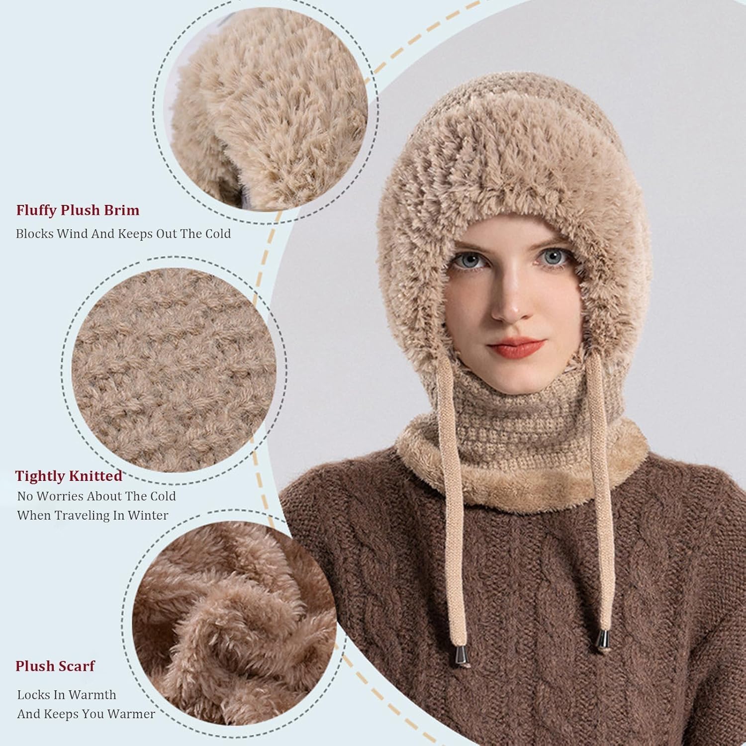 3 in 1 Balaclava Hat with Scarf and Mask Women Winter 3-in-1 Set Premium Knitted Warm Plush-Lined Adjustable Hood