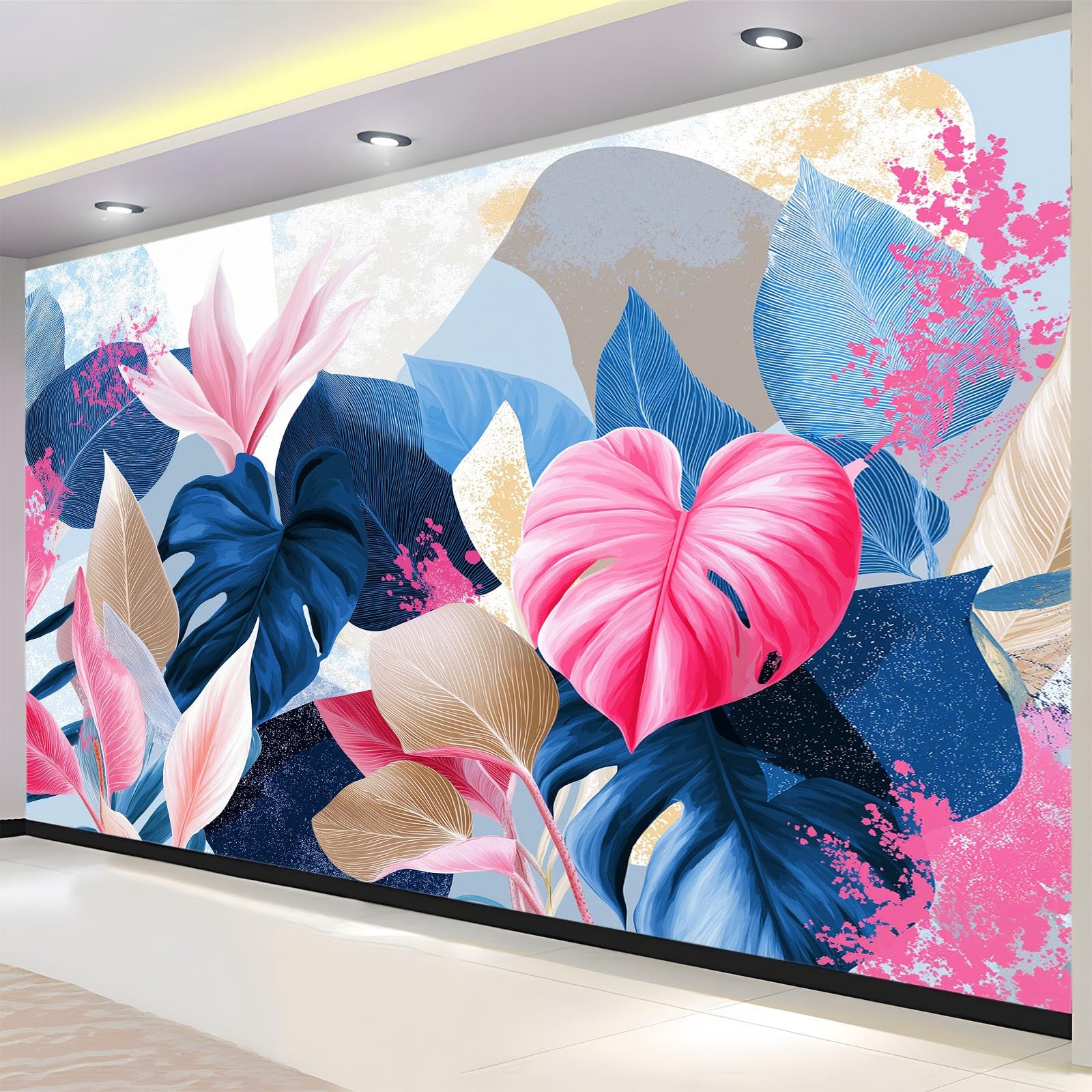 Générique Panoramiczna tapeta akwarela rośliny monstera tropikalne liście 3D 300 x 210 cm, włóknina XXL nowoczesna dekoracja ścienna salon sypialnia biuro pokój dziecięcy, biała