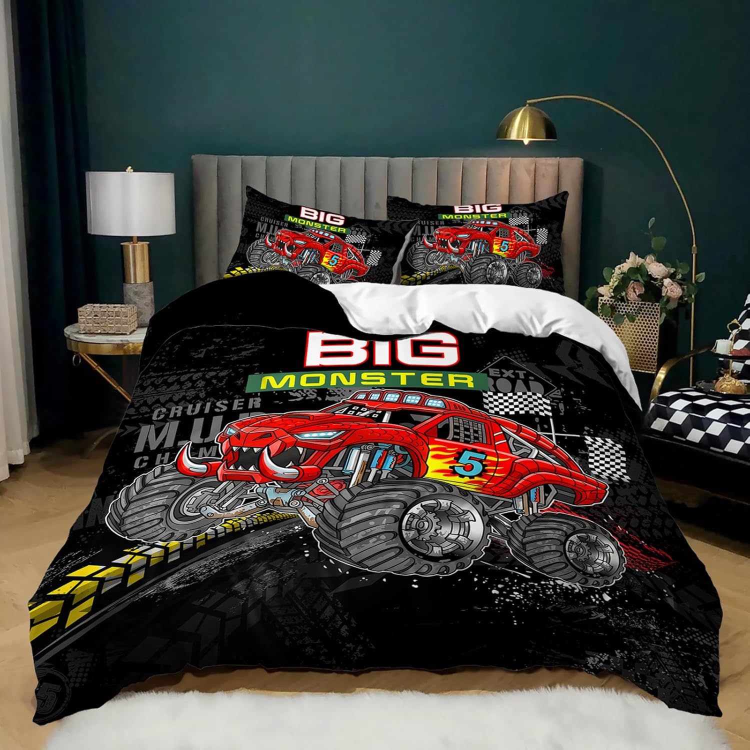 AILONEN Cartoon Truck Duvet Cover Set Queen Size, Monster Trucks Bedding Set for Kids Boys,Offroad Automobile Extreme Sport Theme Comforter Cover,3-Piece,Soft Breathable Quilt Cover and 2 Pillowcases