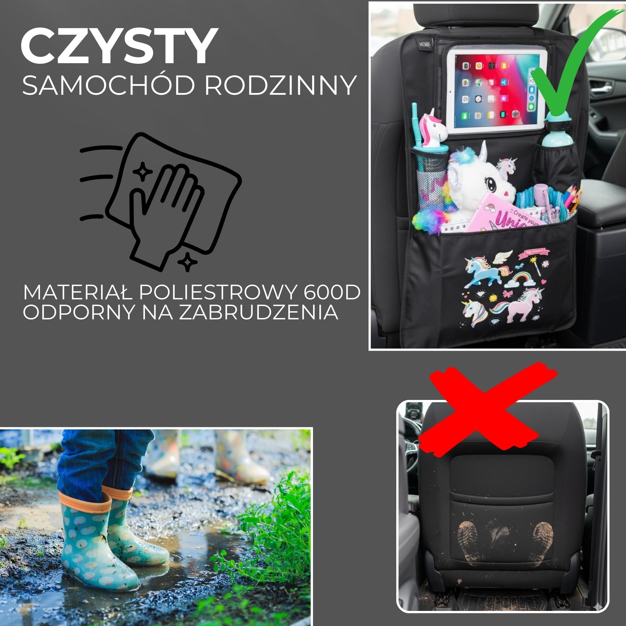 HECKBO 1x dziecięcy organizer na oparcie fotela samochodowego z regulowaną kieszenią na tablet, miejsce na akcesoria – Jednorożec – 70x45 cm – w zestawie uchwyt na napoje
