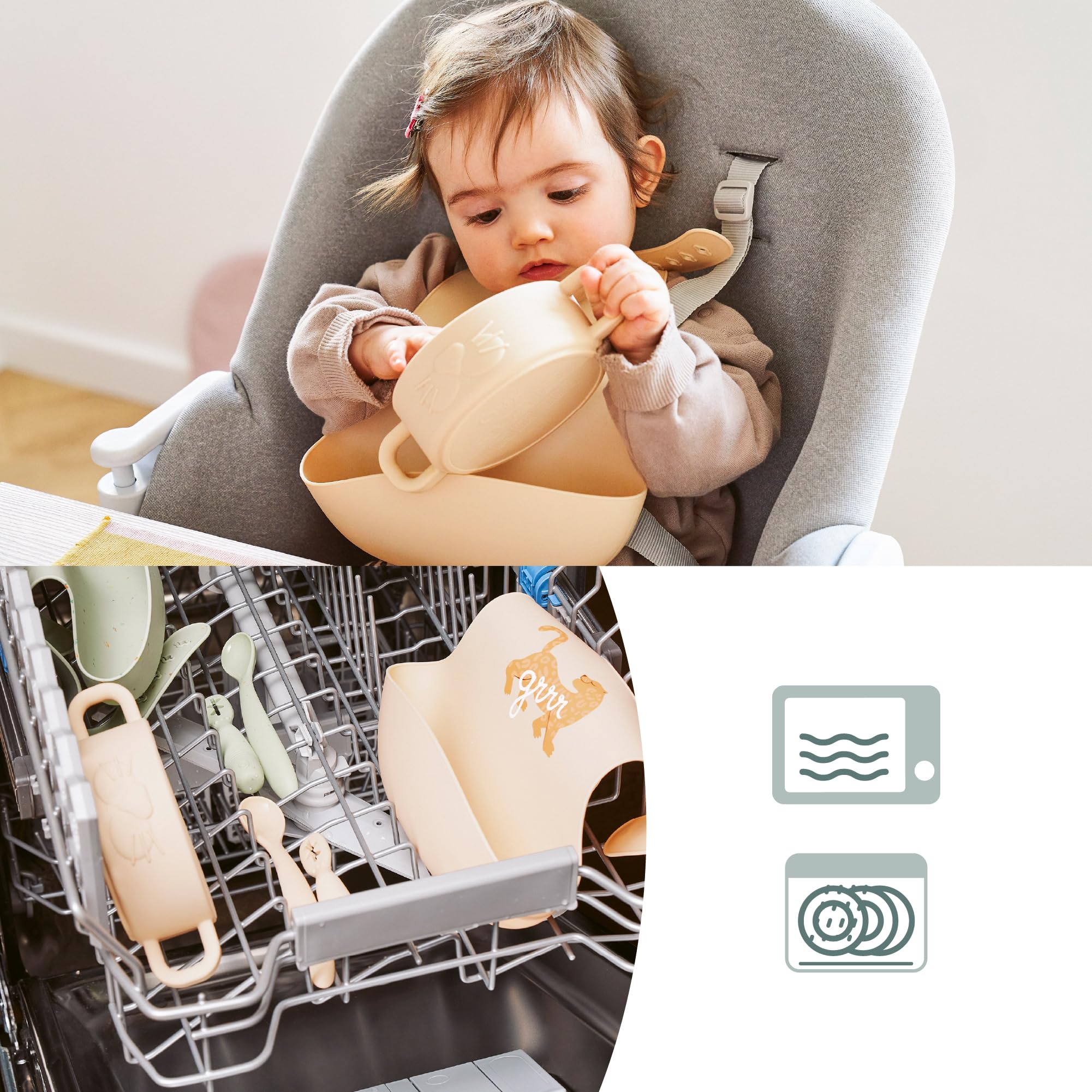 Babymoov Coffret Premiers Repas Bébé en Silicone avec Bol, 2 Cuillères 1er âge, Bavoir Récupérateur – Vaisselle Bébé pour Diversification Alimentaire - Développé avec Ergothérapeute, Mini Roar