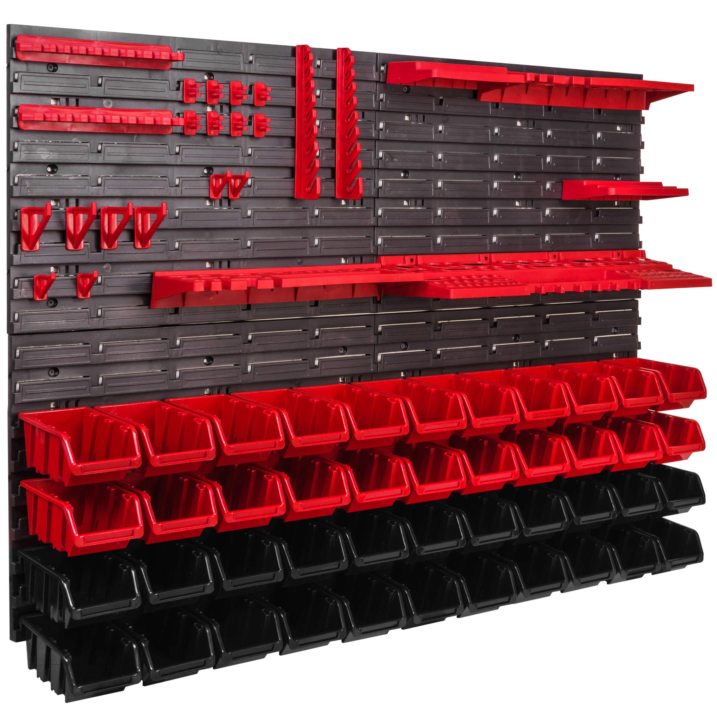 Estante de pared 115 x 78 cm, soportes para herramientas, 44 unidades Cajas apilables para almacenaje, extrafuertes placas de pared