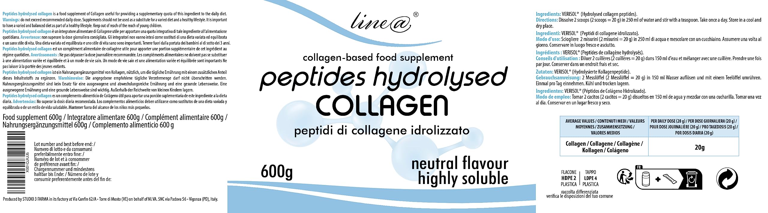 Poudre de collagène Line@diet 600g | Peptides de collagène hydrolysés | Très soluble et non aromatisé (600g)