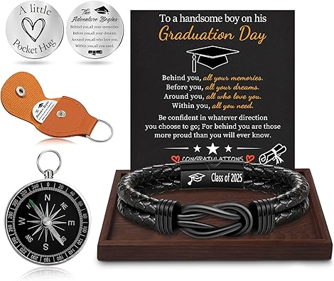 Graduation Gifts for Him, 2025 High School Graduation Gifts Class of 2025 Teen Gift Trendy Stuff Leather Bracelet for Men with Pocket Hug Token Compass College Middle 5th 8th Grade Masters Degree Graduate Knot Jewelry for Son Grandson Boyfriend