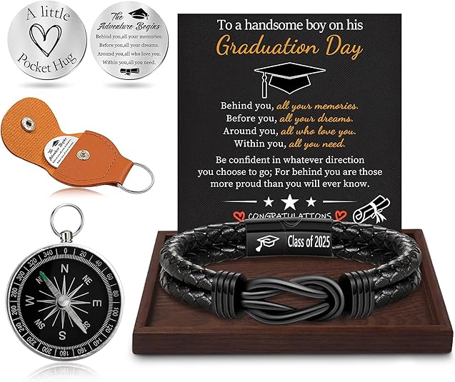 Graduation Gifts for Him, 2025 High School Graduation Gifts Class of 2025 Teen Gift Trendy Stuff Leather Bracelet for Men with Pocket Hug Token Compass College Middle 5th 8th Grade Masters Degree Graduate Knot Jewelry for Son Grandson Boyfriend