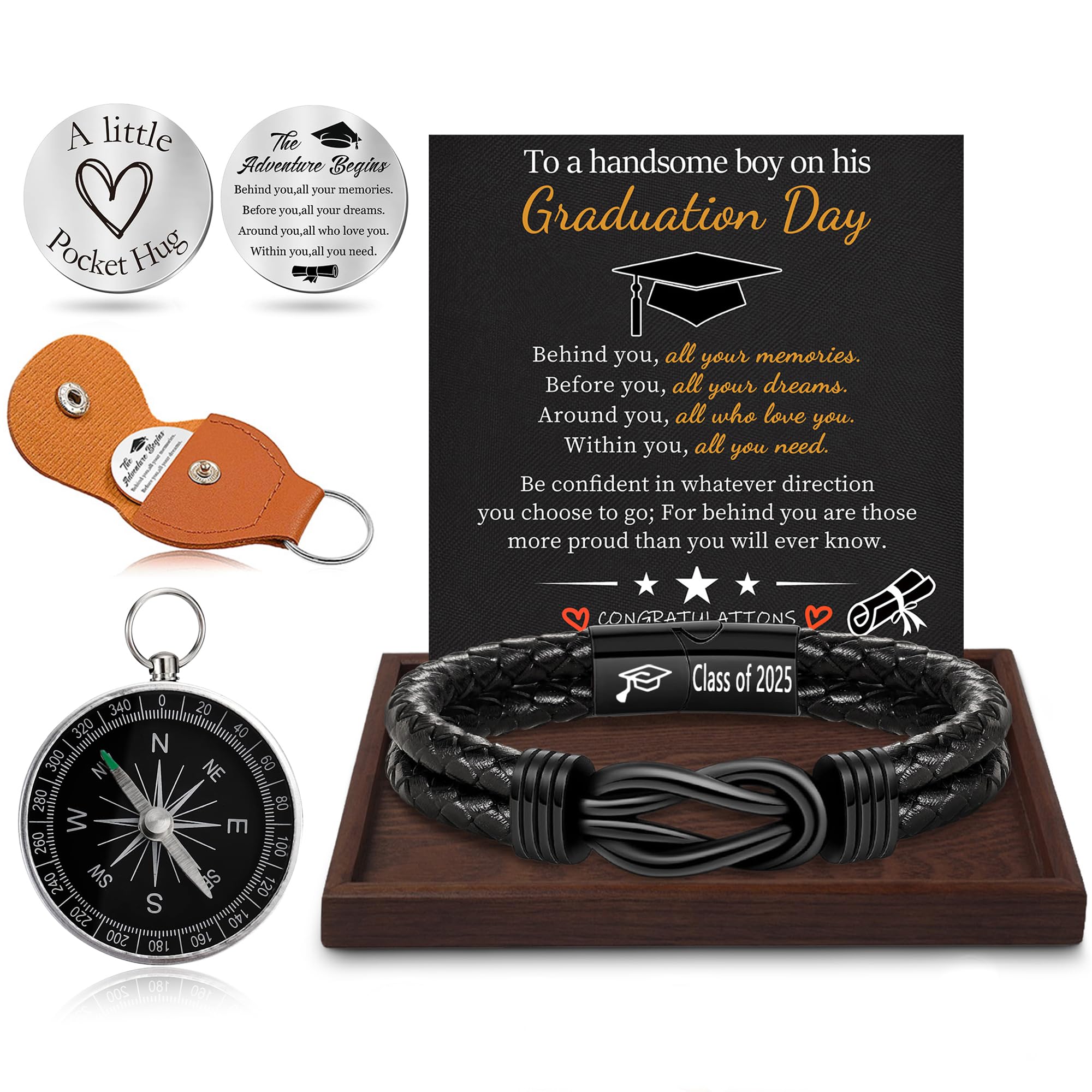 Graduation Gifts for Him, 2025 High School Graduation Gifts Class of 2025 Teen Gift Trendy Stuff Leather Bracelet for Men with Pocket Hug Token Compass College Middle 5th 8th Grade Masters Degree Graduate Knot Jewelry for Son Grandson Boyfriend