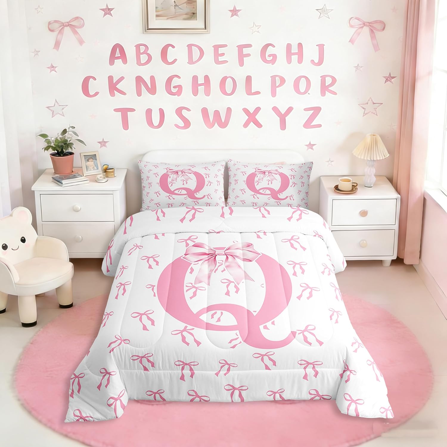 Erosebridal Romantic Pink Bowknot Comforter Set Twin Ribbon Initial A-Z Letter Bedding Set Dreamy Bows Down Comforter Modern Simple Pink White Bow Knot Duvet Insert