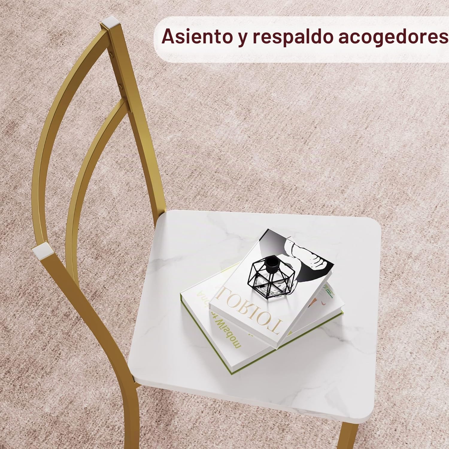 Garvee Mesa Comedor, Mesa de Comedor Redonda con Sillas, Estructura Principal Dorada y Superficie de Mármol Blanco, Ideal para Familia, Uso en Cocina y Salón Interior para Comidas Diarias