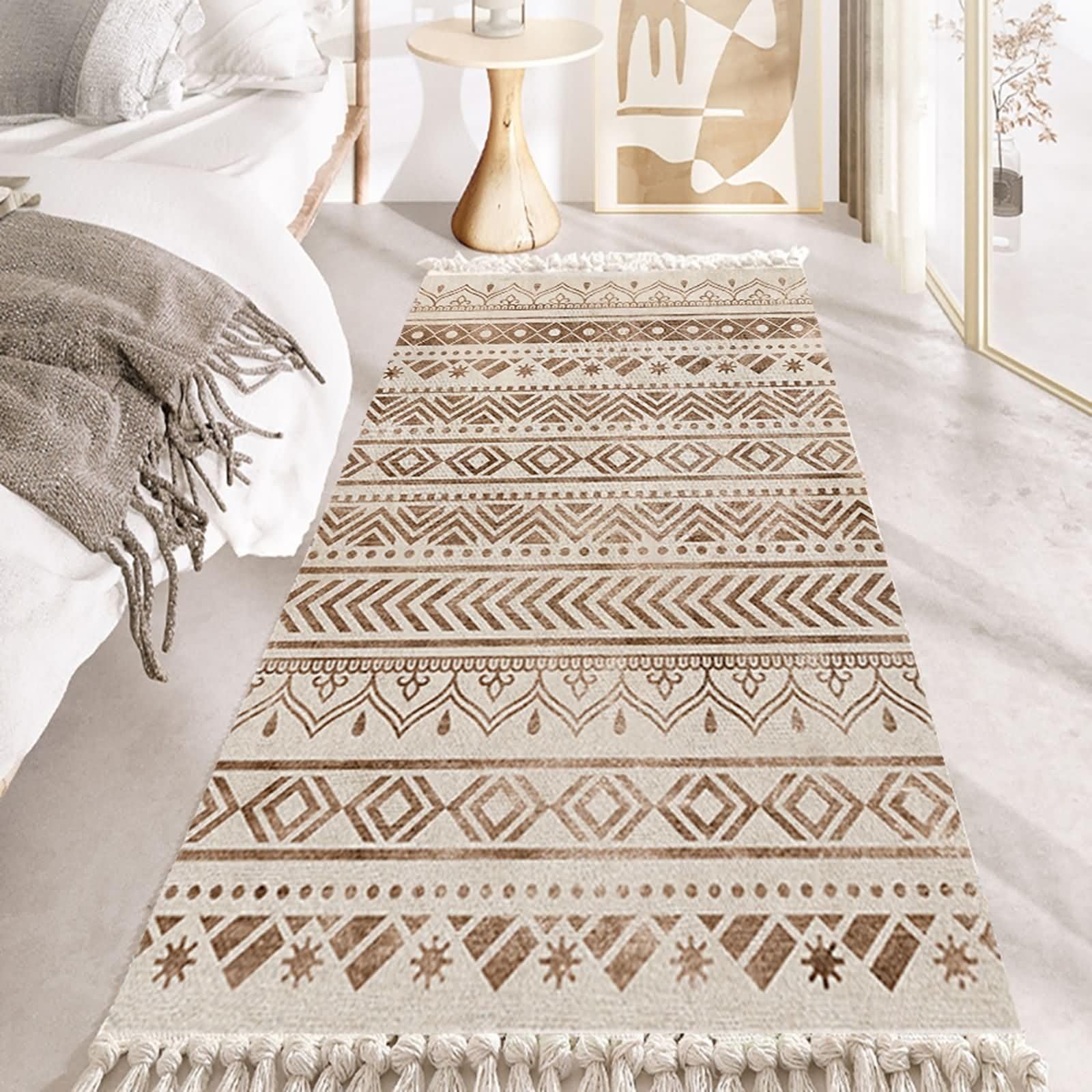 Tapis Rond 90 x 180 cm en Lin Coton pour Extérieur, Motif Géométrique avec Glands, Tapis Brun Moderne