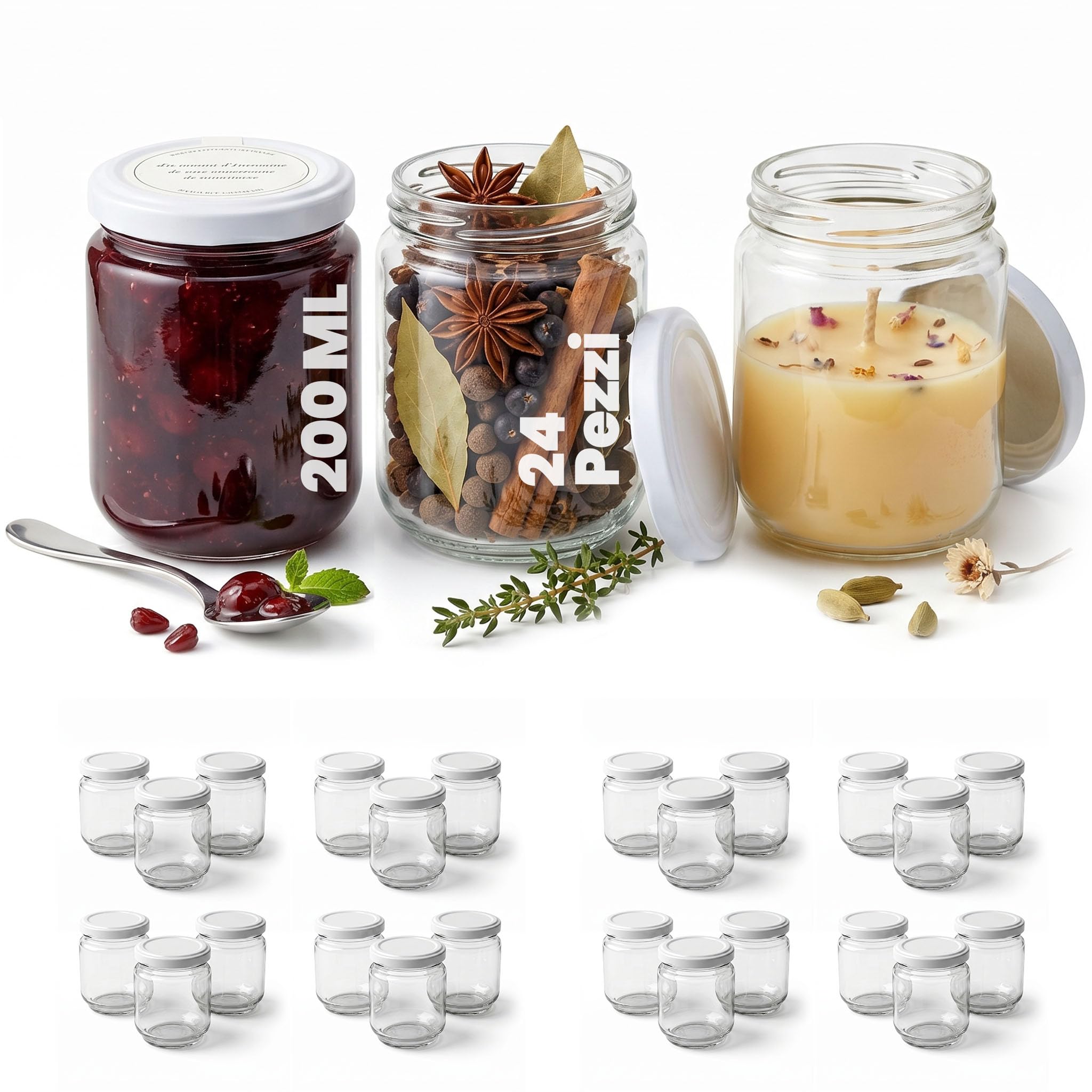 24 barattoli vetro con coperchio vasetti conserve 200ml 200 ml per marmellata confetture bomboniere tappo a vite ermetico da cucina
