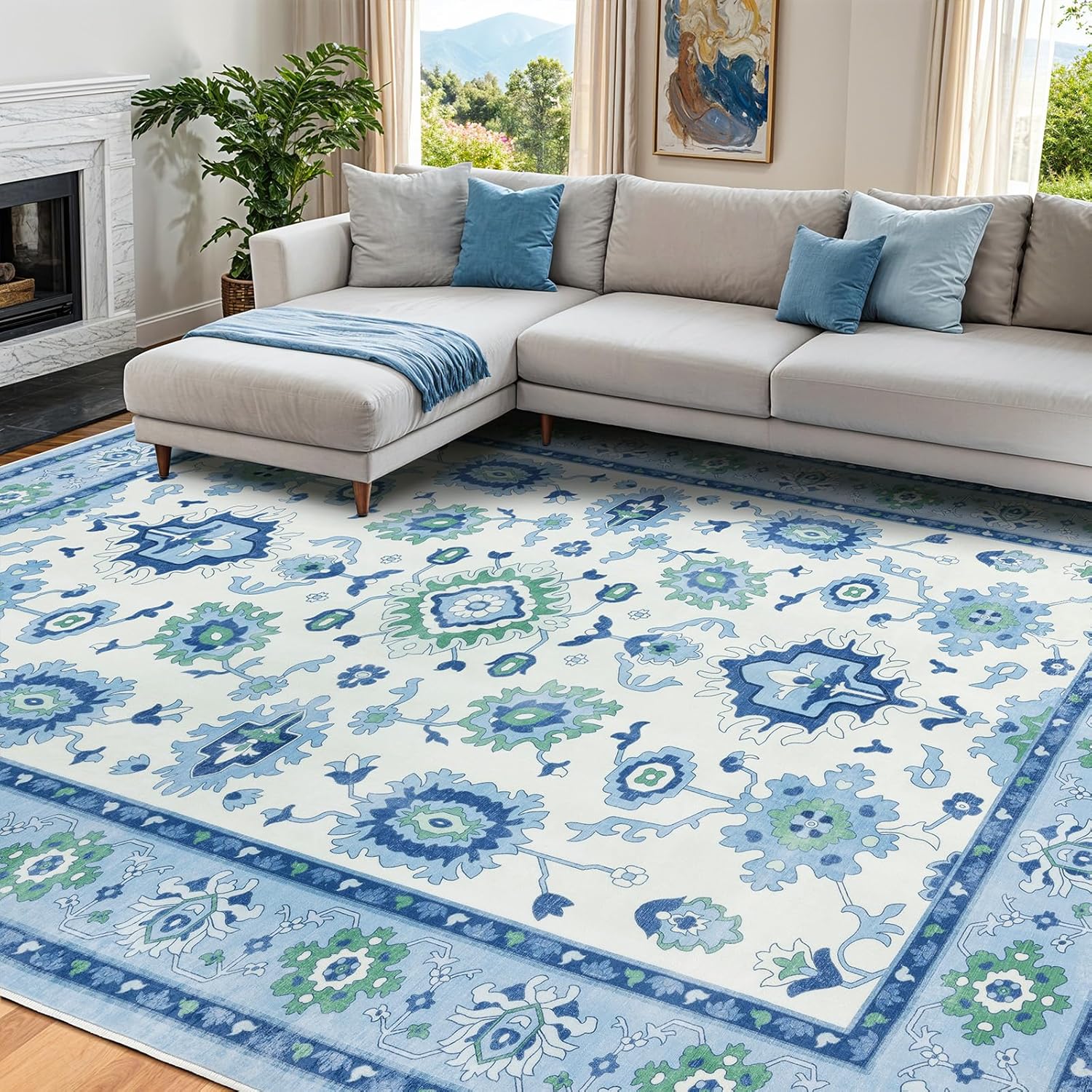 Vintage 8x10 Area Rug,Dark Boho Rug with Non-Slip Backing, Ultra Soft Low Pile Carpet Machine Washable & Stain Resistant for Living Room, Bedroom, Office, Home Decor, Blue