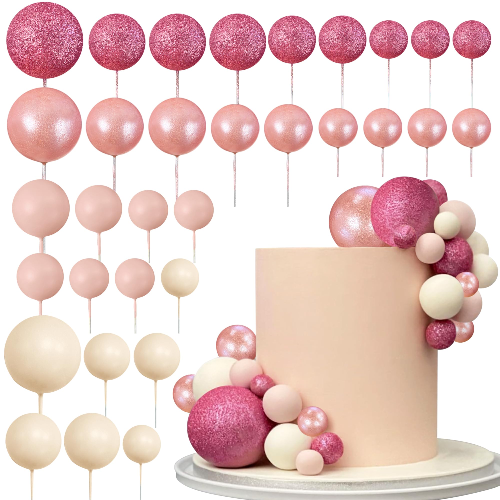 32 PCS Ball Cake Picks Colorful Ball Shaped Cake Topper Pearl Balls Cupcake Cake Insert Topper for Birthday Party Decoration Supplies Glitter Pink Rose Gold light brown Apricot