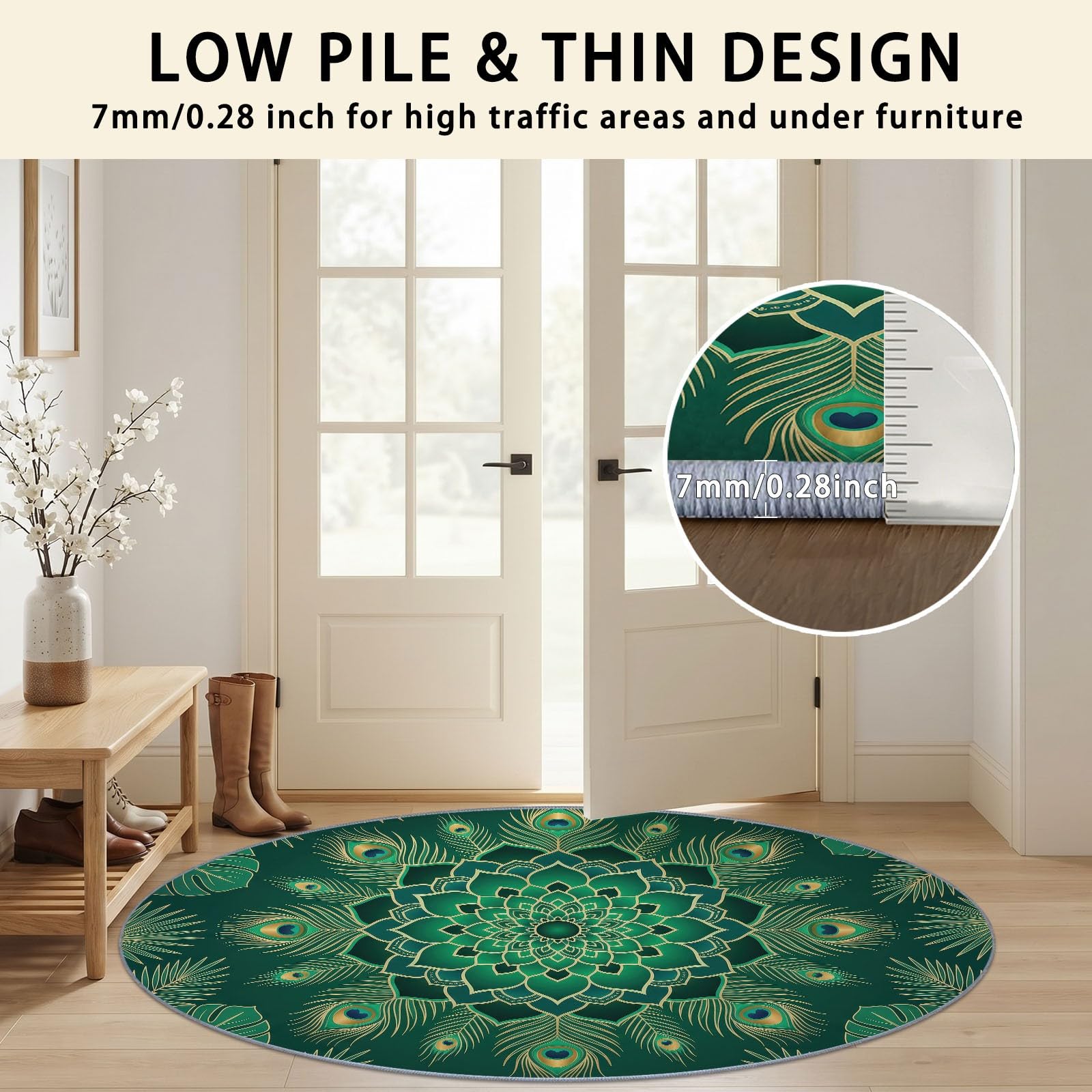 Mandala Tapis Rond Salon 150 cm, Plantes Tropicales Feuilles De Palmier Plumes De Paon Antidérapant Poils Courts Tapis De Sol Ronds Décoration, pour Salon Chambre Cuisine Balcon Terrasse, Vert