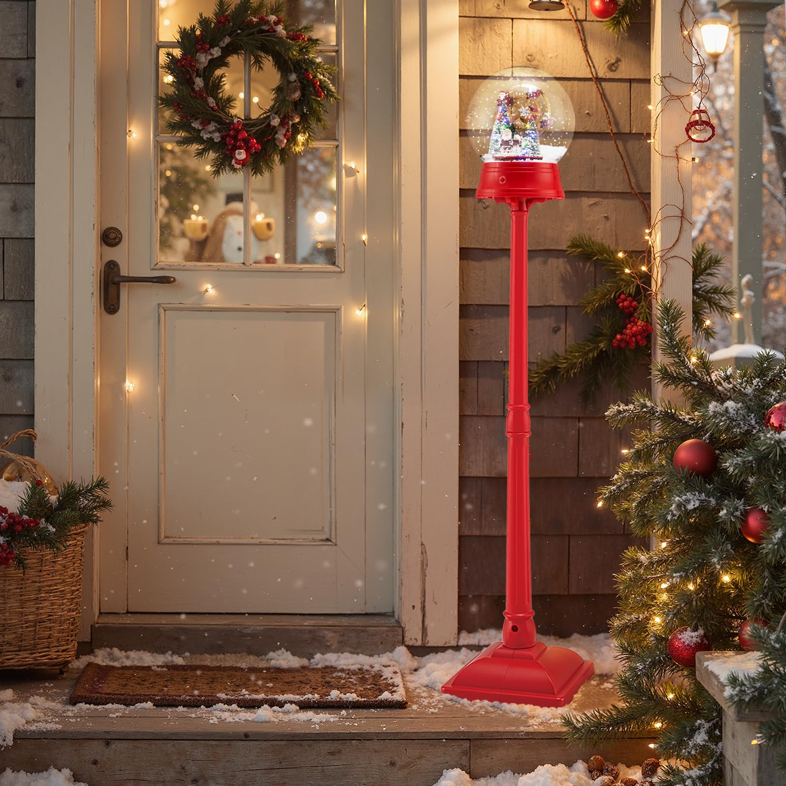 COSTWAY 150 CM Lampione Natalizio Musicale, Lampada Festiva con Lanterna a Globo di Neve Attivata dal Suono, Albero di Natale, Babbo Natale, Soldato e Scatole Regalo (Modello 4)