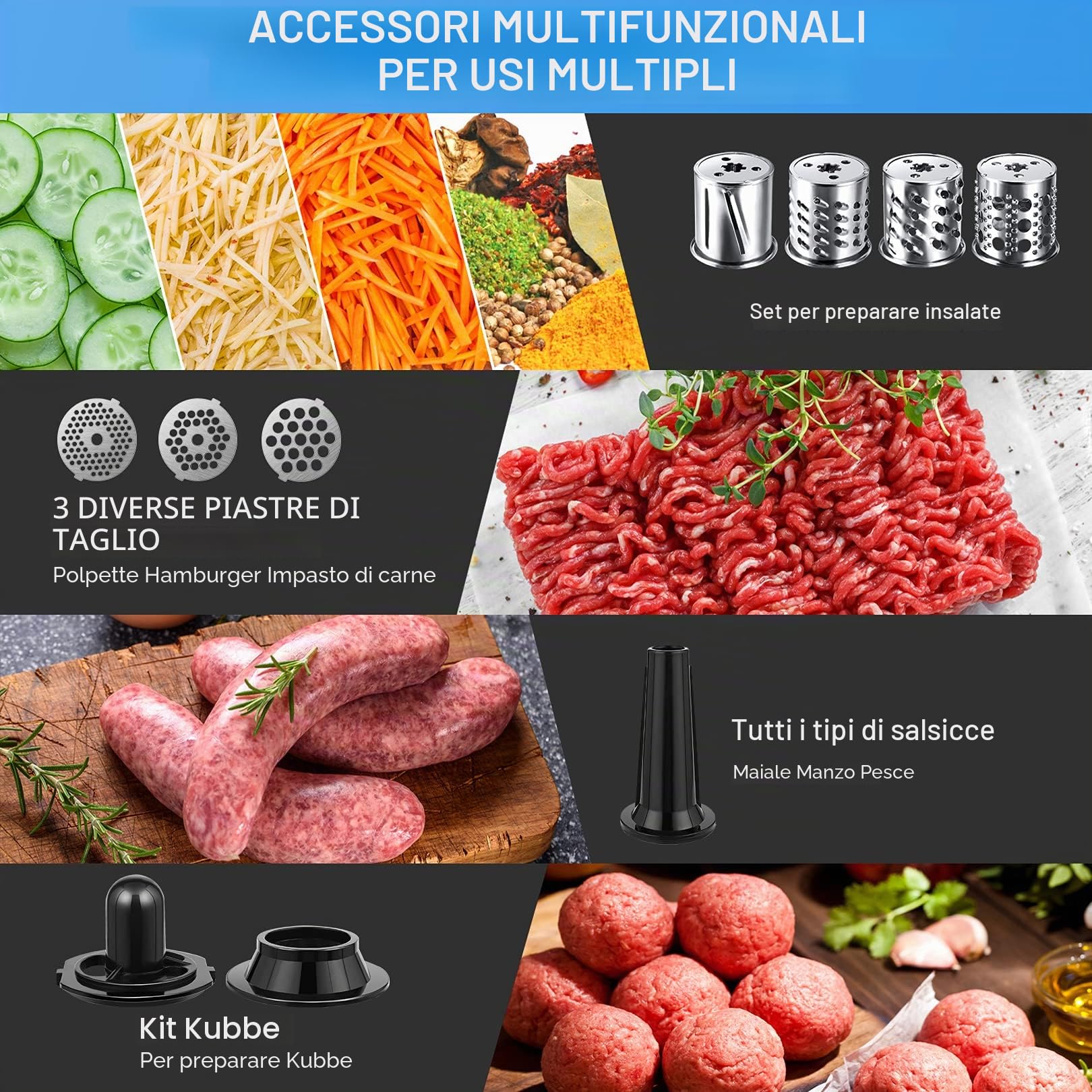 Tritacarne Elettrico Professionale 2000W con Insaccatrice e Accessorio Biscotti | 5 in 1 Macchina per Macinare Carne con 3 Dischi, 4 Lame e Accessori per Salsicce, Kibbe, Verdure e Dolci