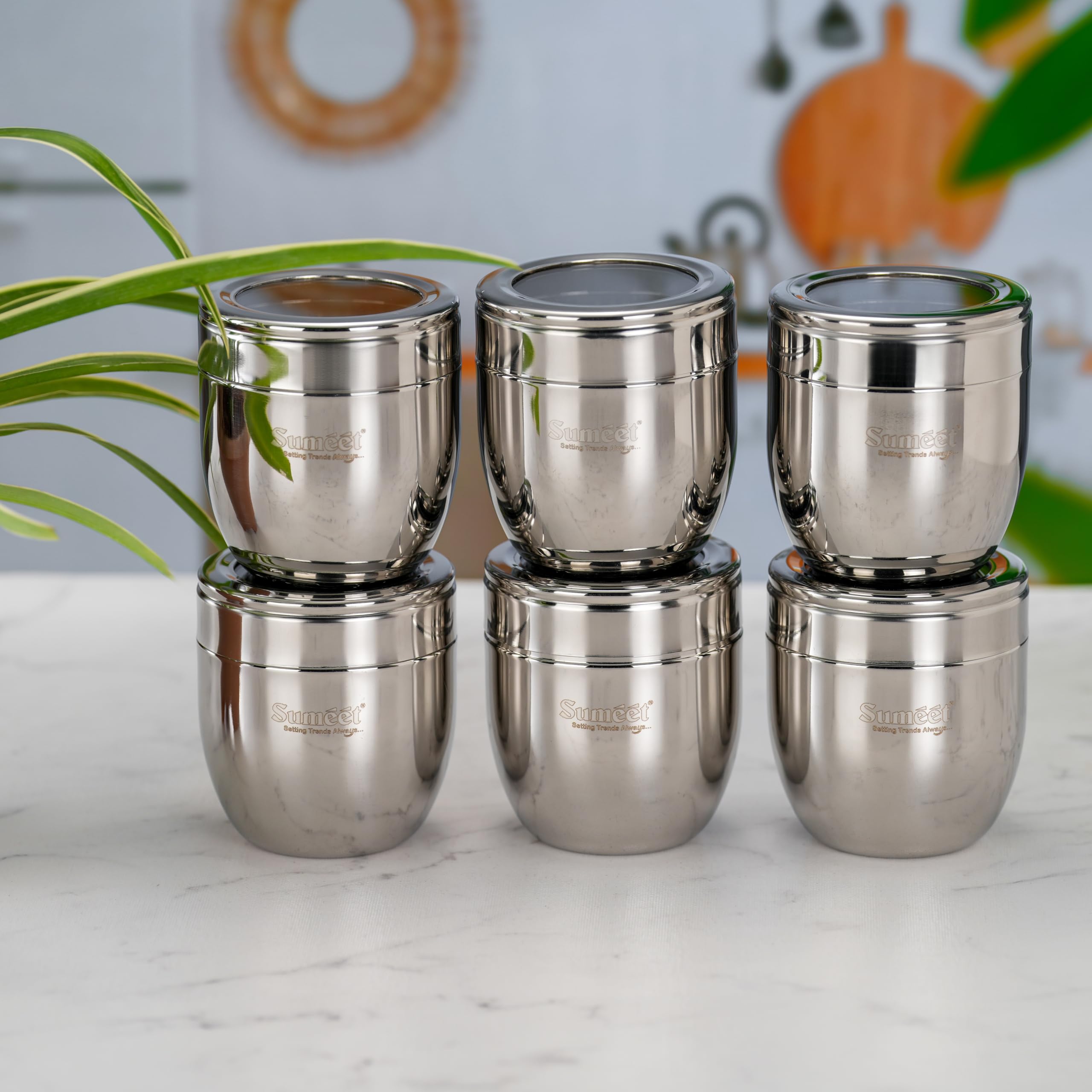 Sumeet Set di 6 contenitori conici in acciaio inox, per cucina con coperchio trasparente, 400 ml ciascuno, diametro 8,5 cm, argento