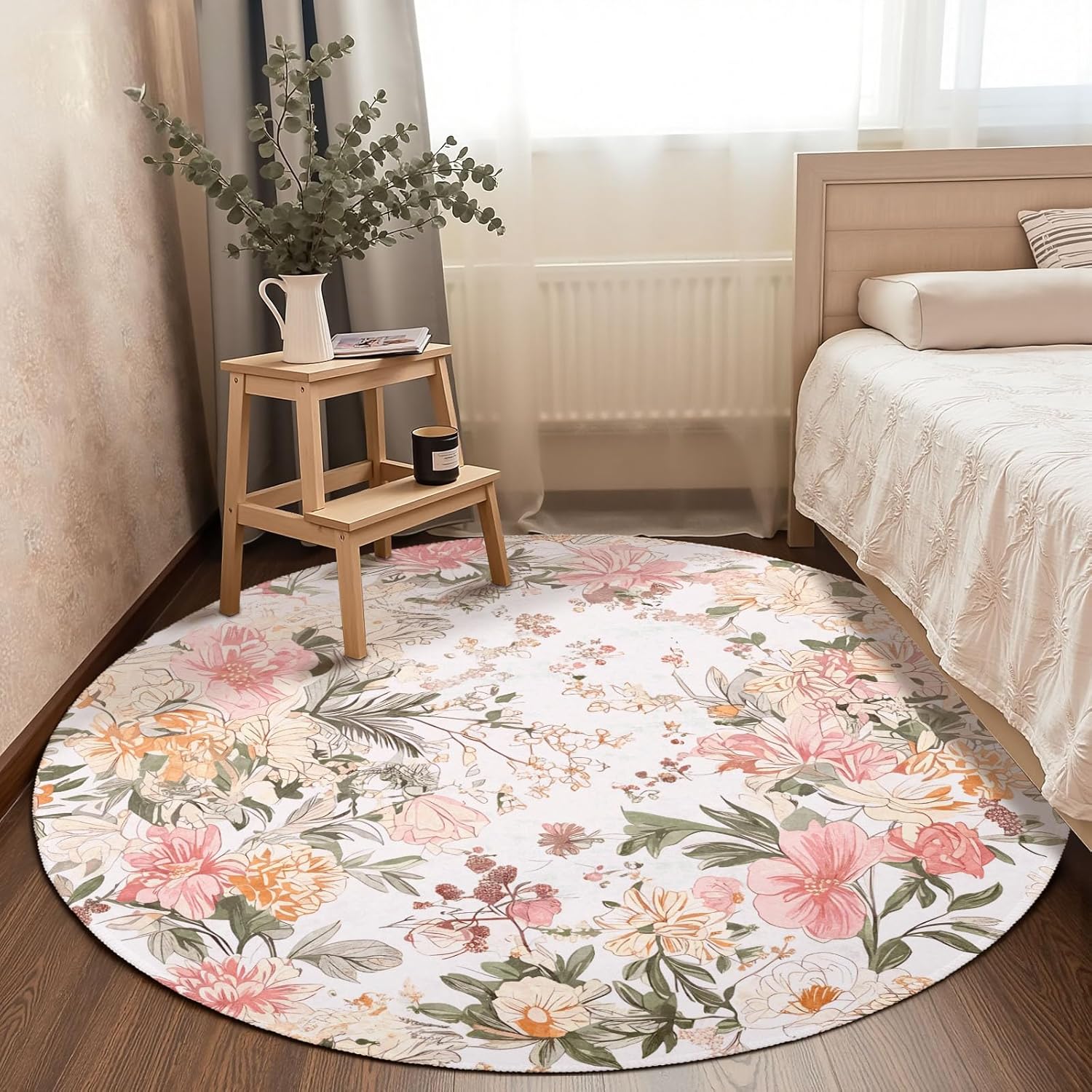 Pink Green Floral Round Area Rug 4ft,Machine Washable Boho Modern Oriental Flower Leaf Round Rug Non-Slip Circle Rugs Low-Pile,Indoor Floor Carpet Mat for Living Room Bedroom Kitchen Dining Entryway