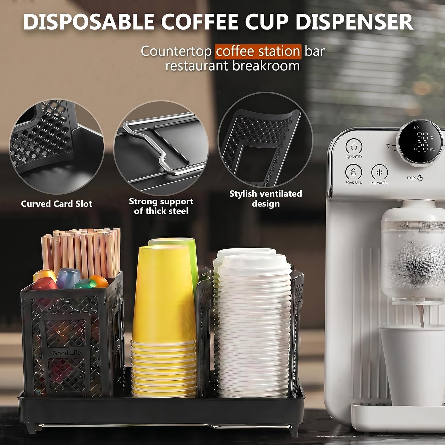 6-Slot Paper Cup and Lid Holder with Straws Holder, Black