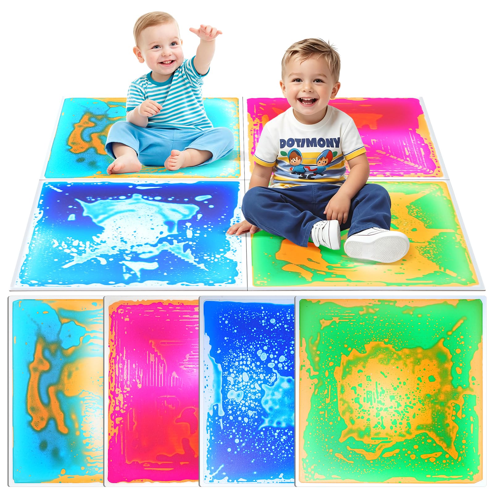Azulejos sensoriales líquidos grandes para niños, paquete de 4 tapetes sensoriales antideslizantes a prueba de fugas de 20 x 20 pulgadas, certificado CPC, azulejos que cambian de color para niños
