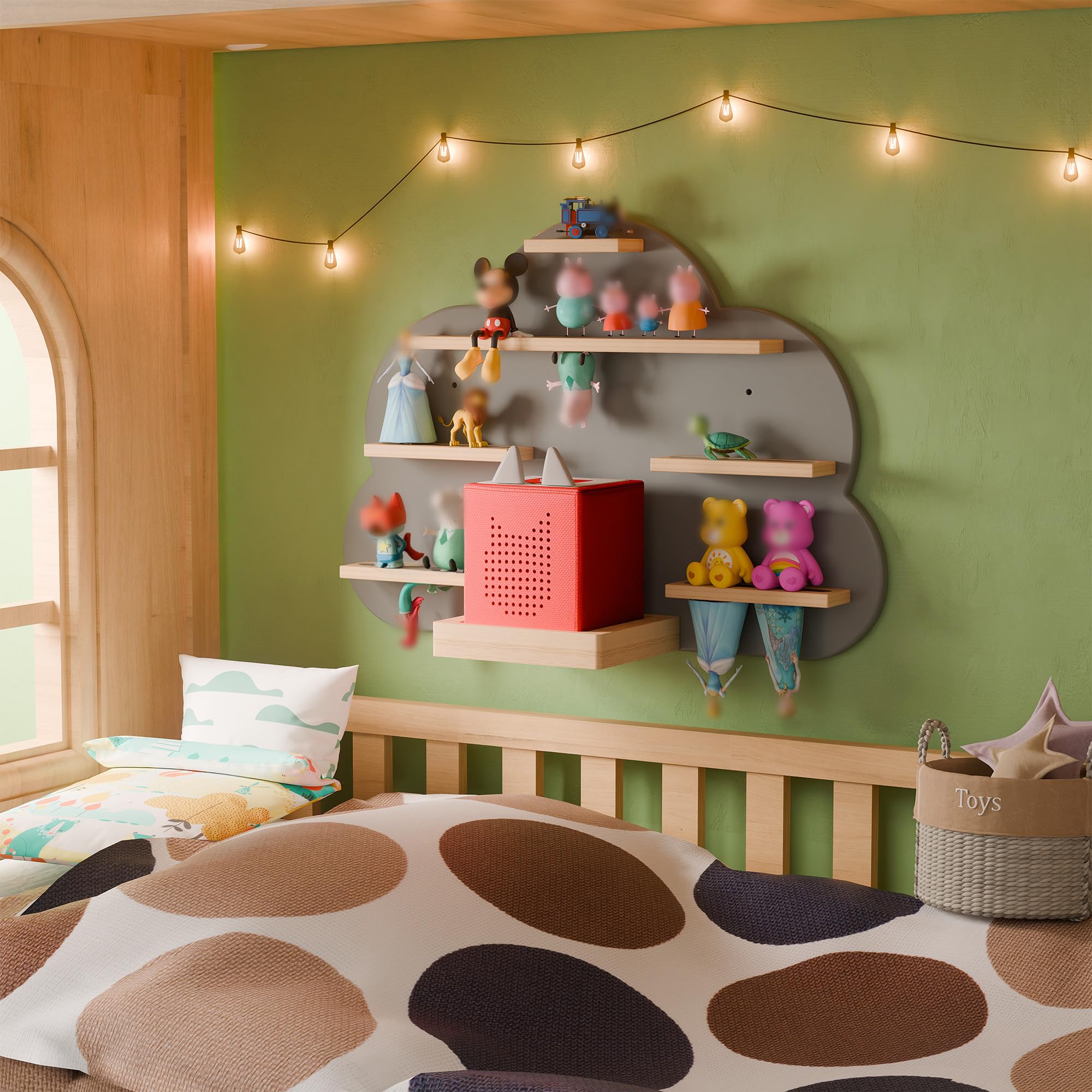 Cloud Tonies Regal für Toniebox-Aufbewahrung – einzigartige schwebende magnetische Wandregale für 20–30 Tonie-Figuren, Buchenholz-Display, Tonie-Regal für Kinder (Grau)