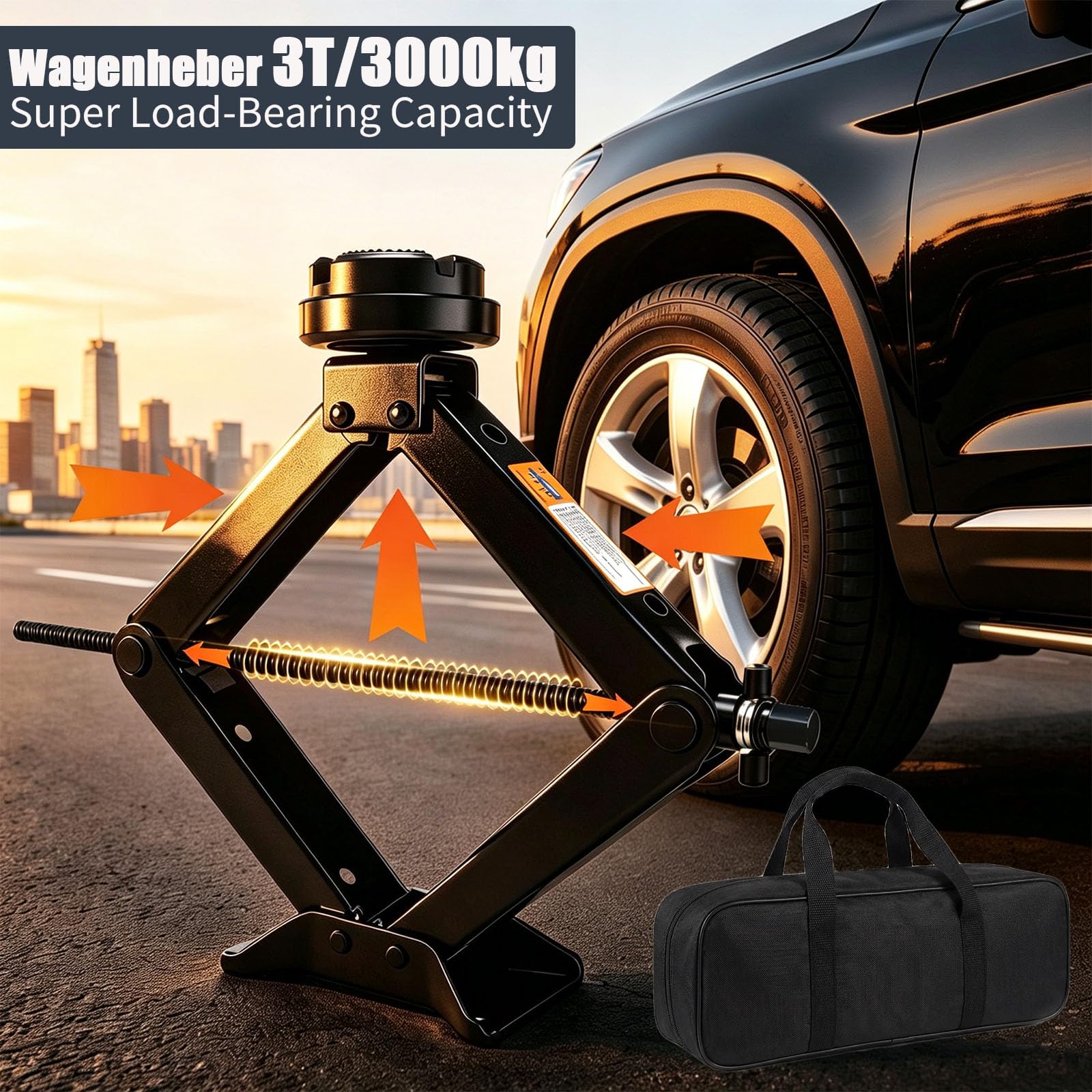Wagenheber 3T/3000kg, Universelle Scherenwagenheber für Auto mit 2Pcs Gummiauflage, Tragbarer Car Jack mit Radkreuzschlüssel Ratschegriff Handschuhe und Aufbewahrungstasche-Set für SUV, MPV, Tesla
