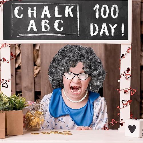 Miniatura 6 de URATOT Juego de peluca de 5 piezas para niños de 100 días de escuela, peluca con cadena de gafas, collar de perlas, pulsera, lentes