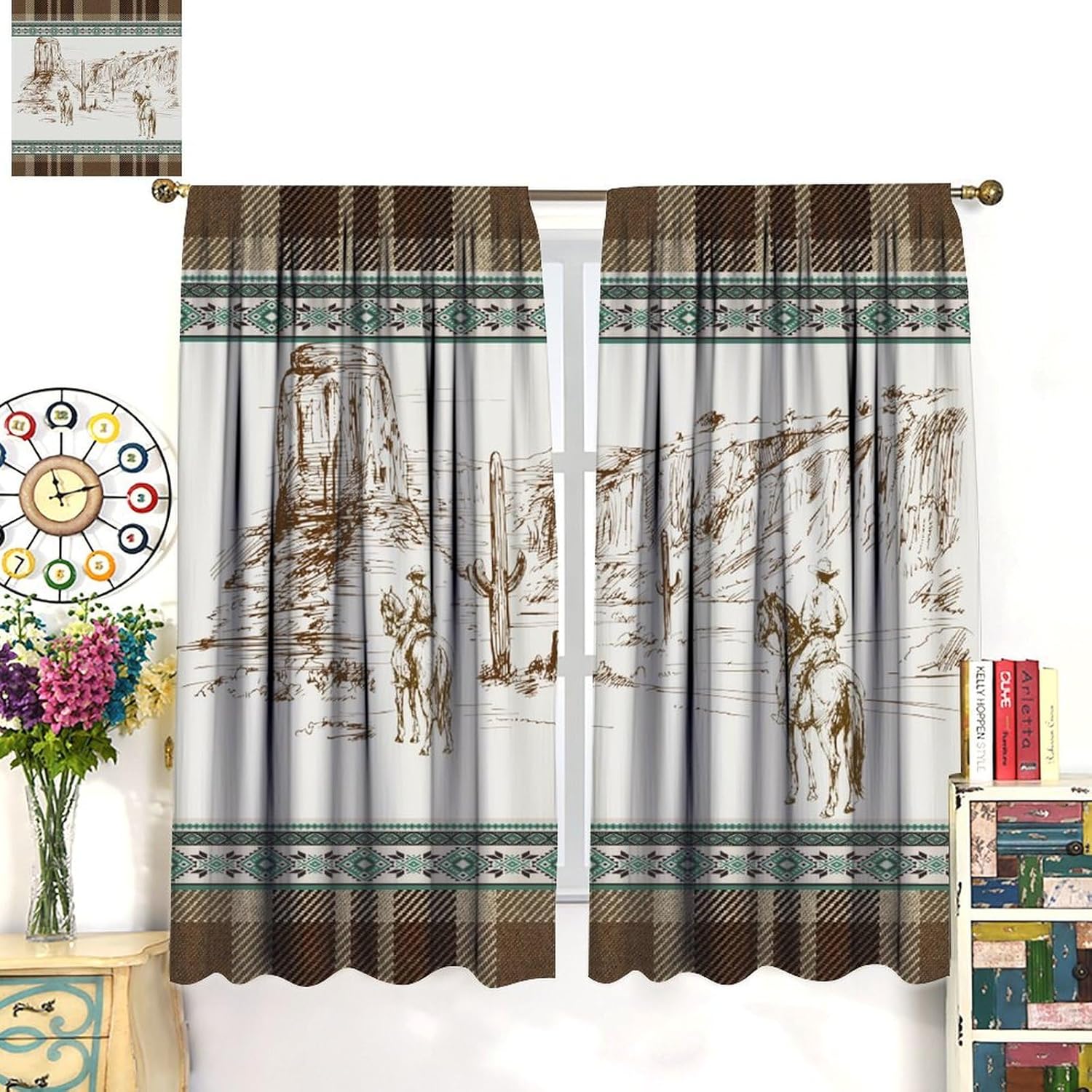 Western Cowboy Curtain,Farmhouse Country Horse Aztec Abstract Brown Plaid Window Treatment Curtains Kitchen Dining Room Bedroom Living Room Office Cafe Drapes, 72x63 in