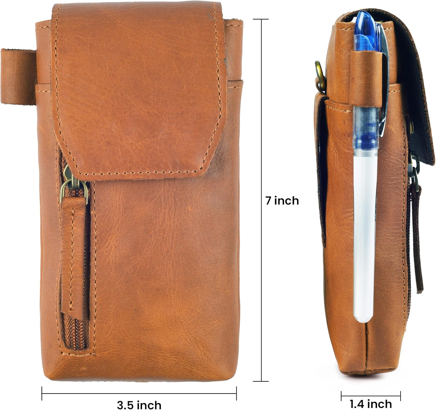 MDS Genuine Full-Grain Buffalo Leather Mobile Holster with Belt Clip 7”H x 3.5" W | Universal Carry Case Vertical Phone Pouch with Magnetic Closure & Waist Belt Loop | Fits Most Smartphones | Tan