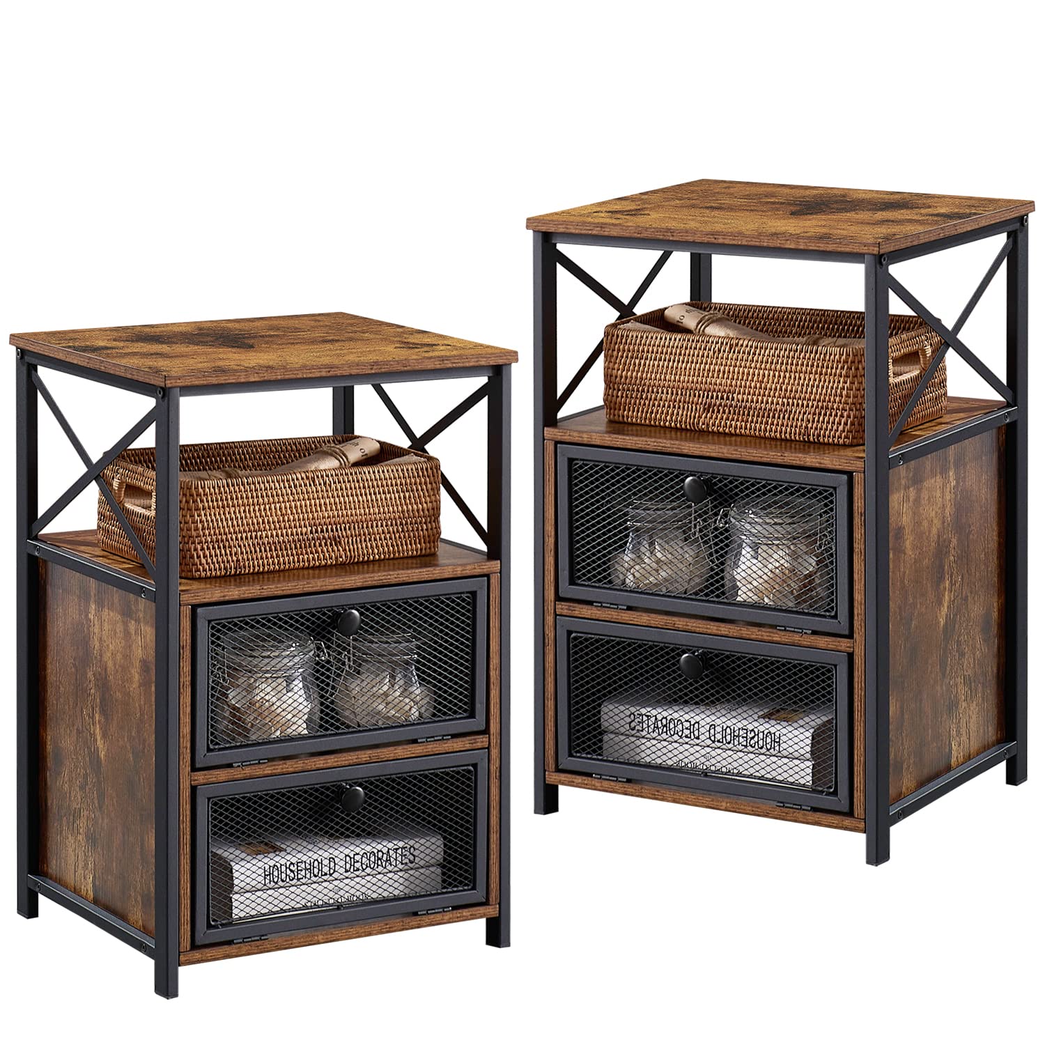 VECELO Nightstand Set of 2, End Table with Flip Drawer, Modern Night Stand for Bedroom,Living Room, Office, Easy Assembly, Walnut Brown