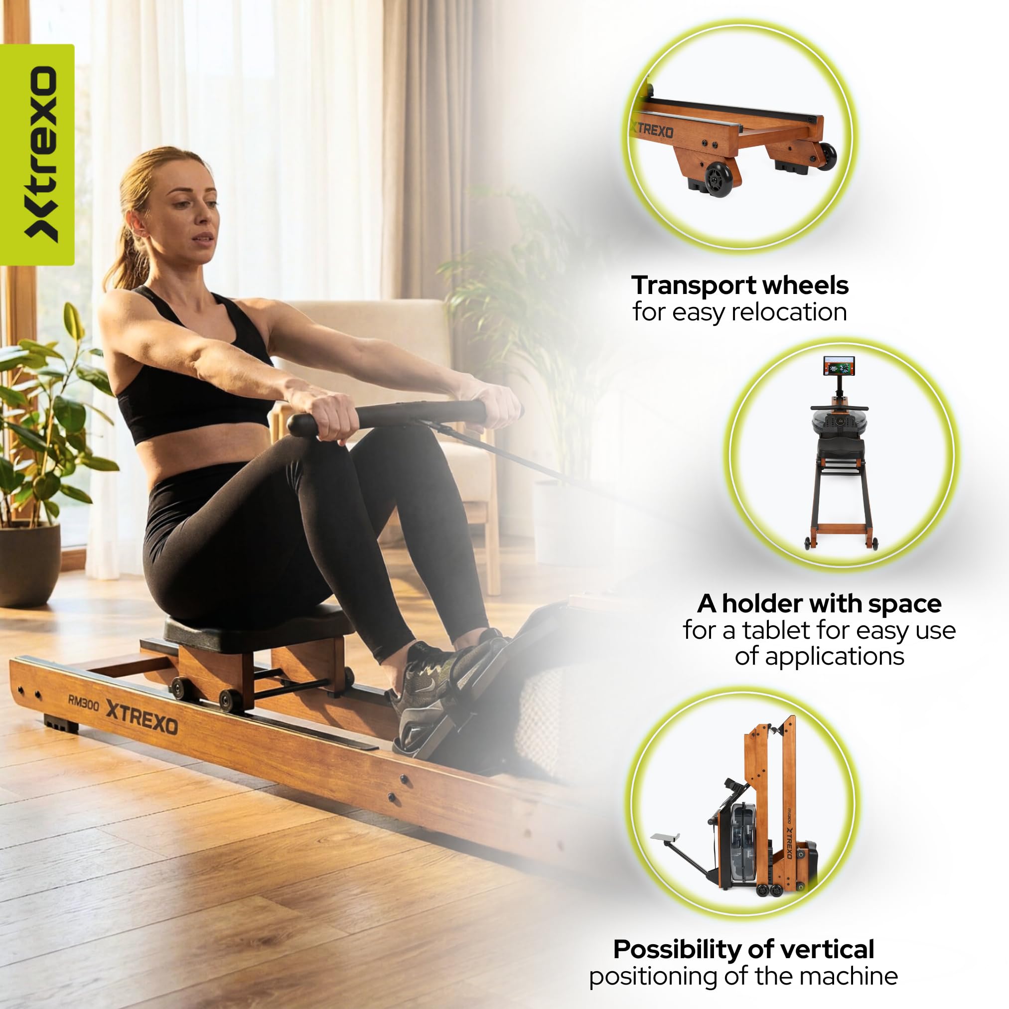 RM300 - Vogatore ad acqua in legno e acciaio, compatibile con Bluetooth e Kinomap – fino a 110 kg e 190 cm – per allenamento completo (tablet non incluso)