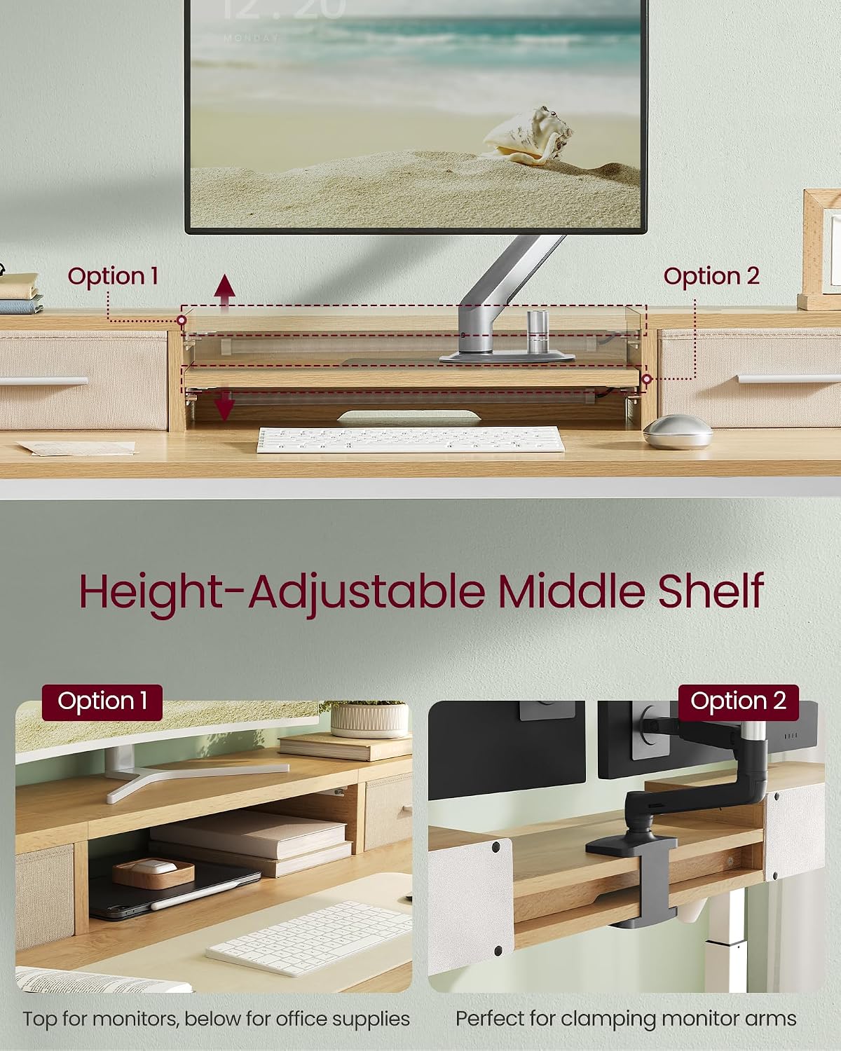 Diagram showing two options for the adjustable middle shelf: one for monitors and storage, the other for clampMonitorarme.