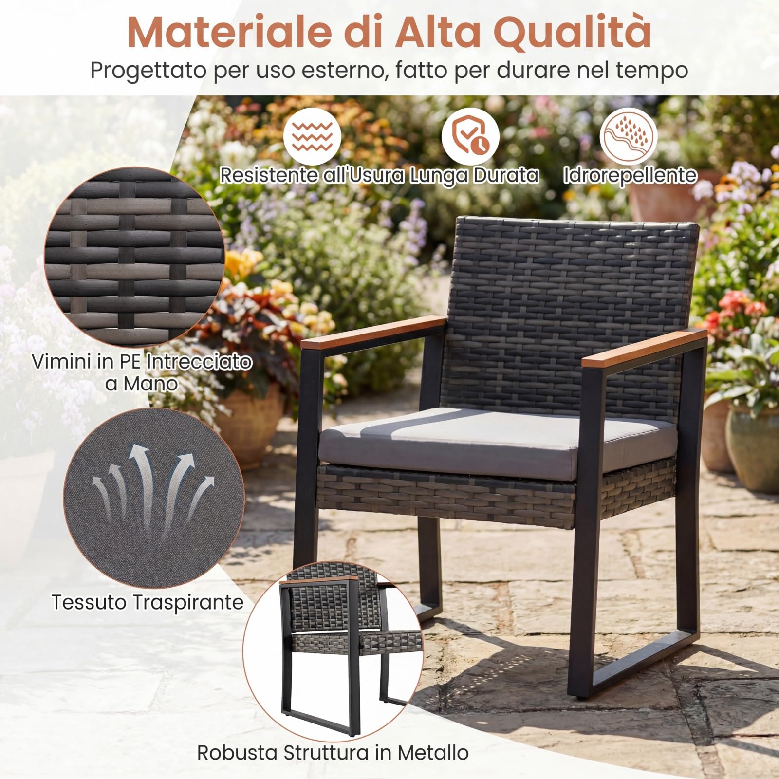 COSTWAY Set Salottino da Esterno in Rattan 3 pezzo, Set Mobili da Giardino Include 1 Tavolino Quadrato e 2 Poltrone Comode con Cuscino Imbottito e Telaio in Acciaio, per Balcone e Terrazzo (Grigio)