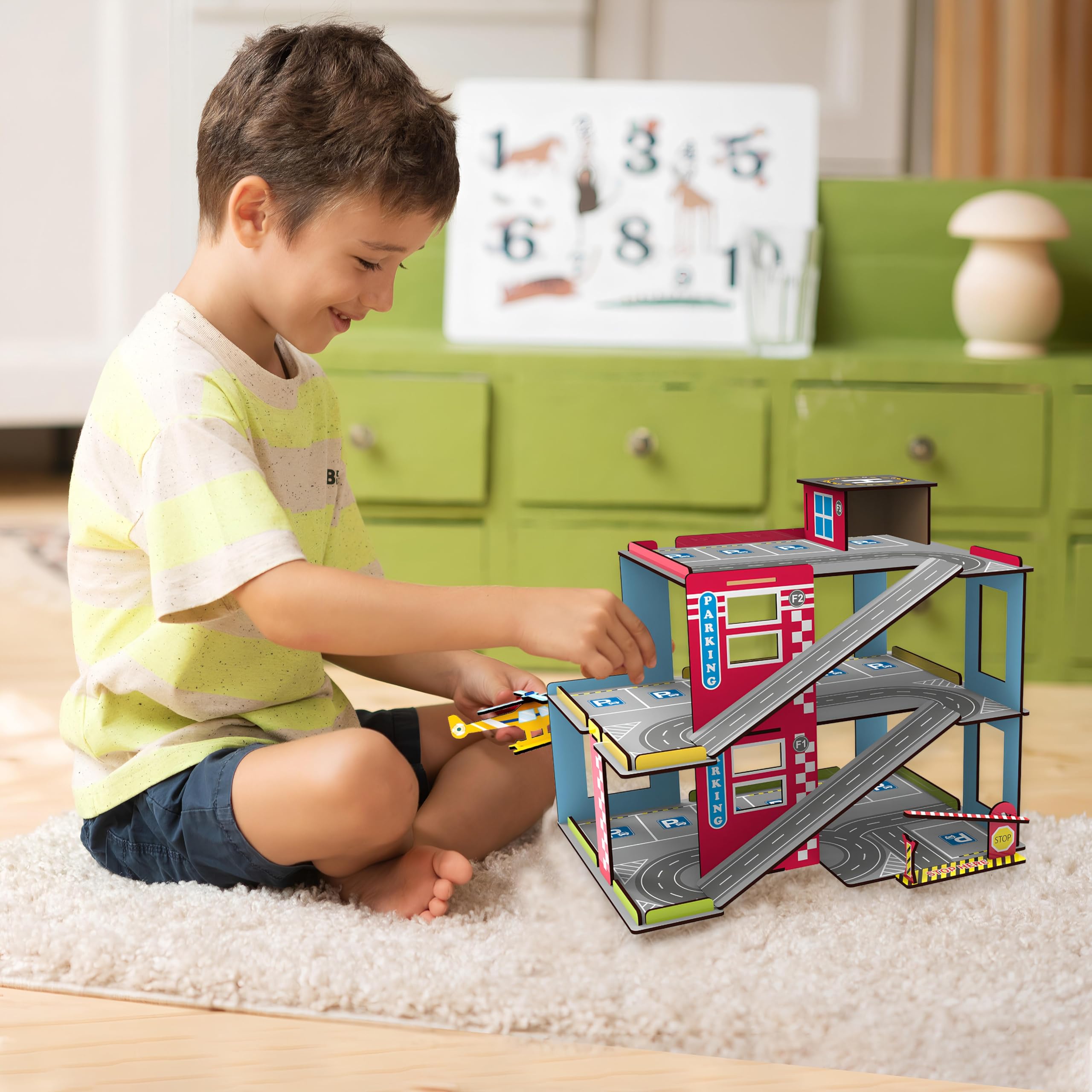 Webby Multilevel Parking Garage Playset with 3 Pullback Metal Cars, Parking Gate, Sign Boards and Helicopter for Boys and Girls - Image 5 thumbnail