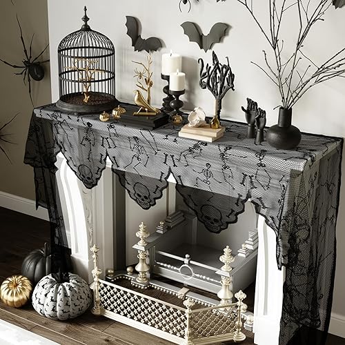 Miniatura 7 de AerWo Cubierta de bufanda de encaje negro para chimenea, decoración de Halloween para interiores, decoración de cortina de ventana de puerta,