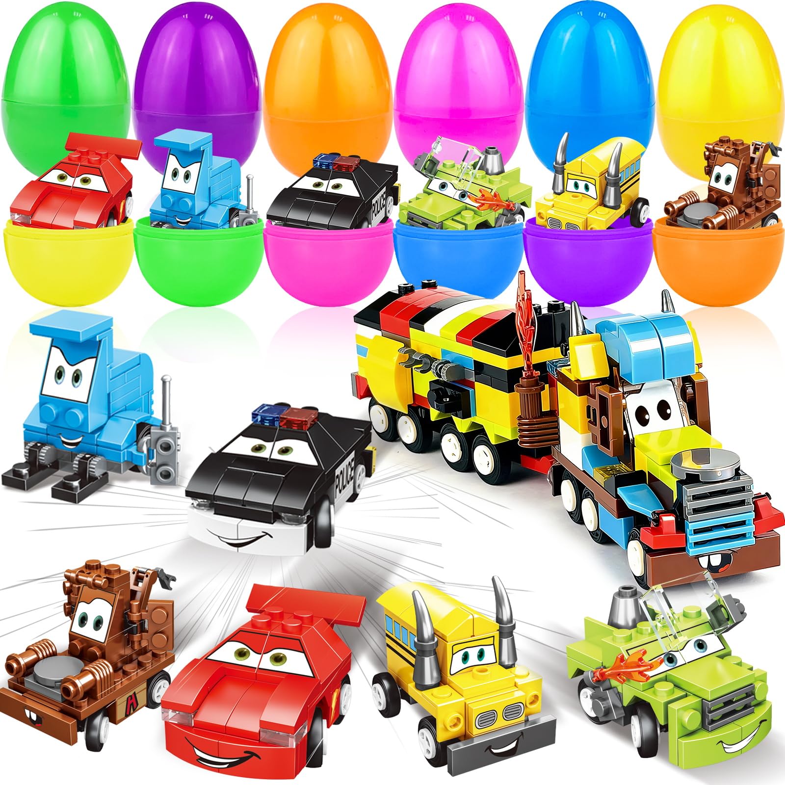 Photo 1 of 12 Pack 3" Large Filled Easter Eggs with Stem Toy Cars Kids Easter Basket Essential Plastic Surprise Egg Building Blocks 6 in 1 Transform Construction Vehicle Basket Stuffers Boy Egg Hunt Party Favor