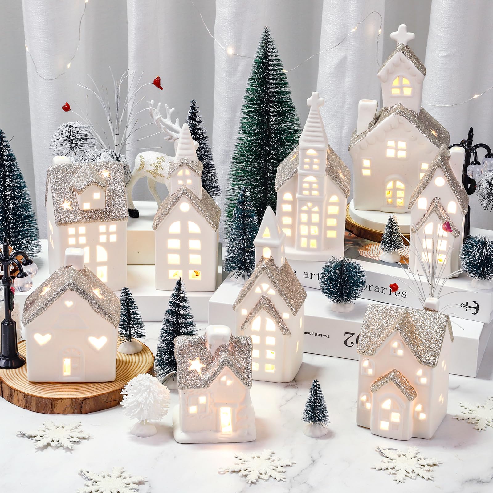 Spdmhyo Set of 28 Ceramic Christmas Village Sets 9 Pieces White