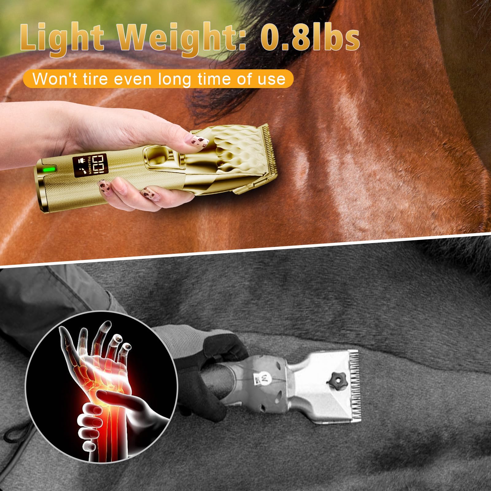 Caballo sin cables, recargable, para pelo grueso y enredado, recortadora profesional de caballos con motor potente de 6200 rpm, peso ligero, 400 g