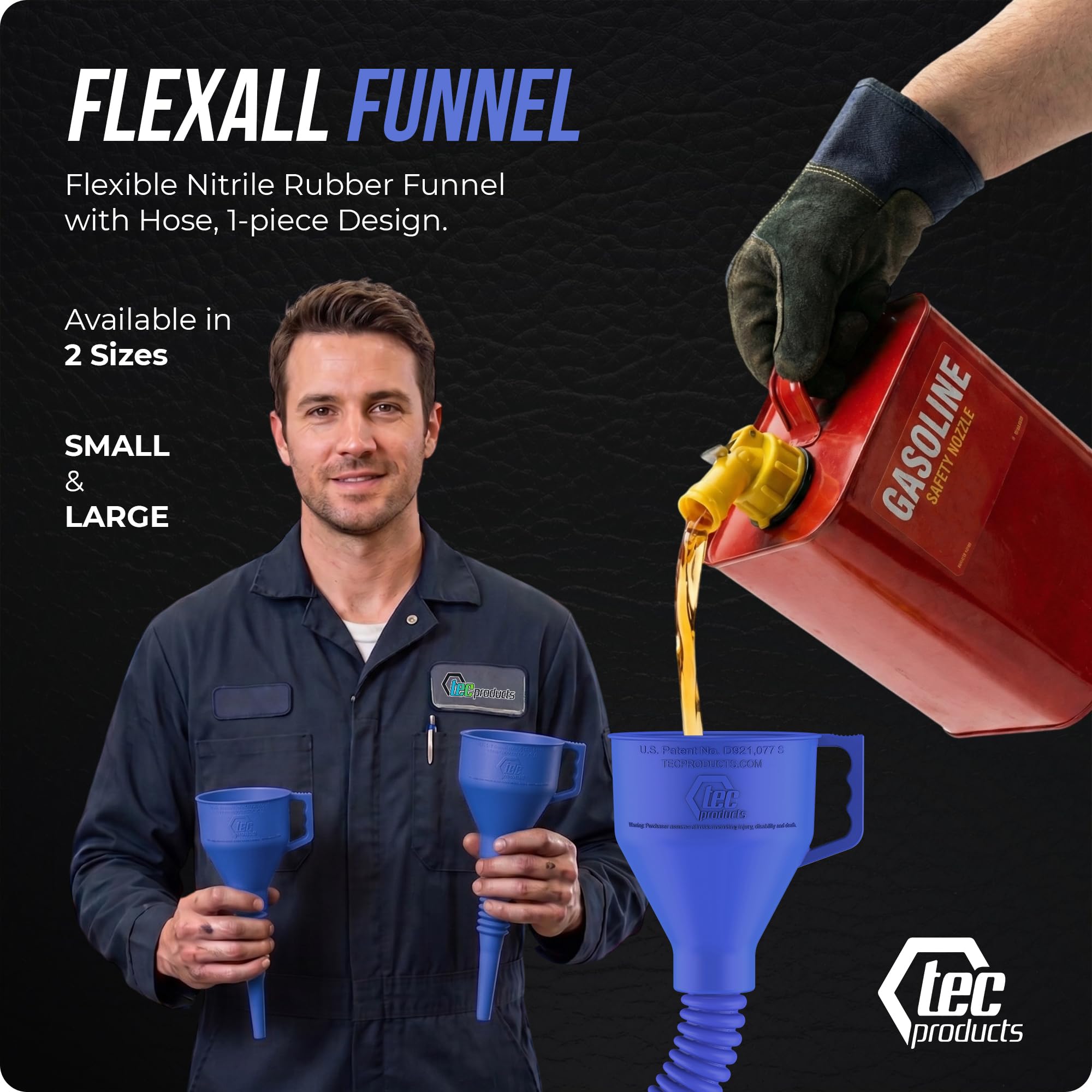 TEC Products FlexAll Embudos largos y flexibles, embudo de aceite automotriz con manguera, goma de nitrilo duradera para cambio de aceite, líquido de transmisión, diésel, combustible, gas, fabricado