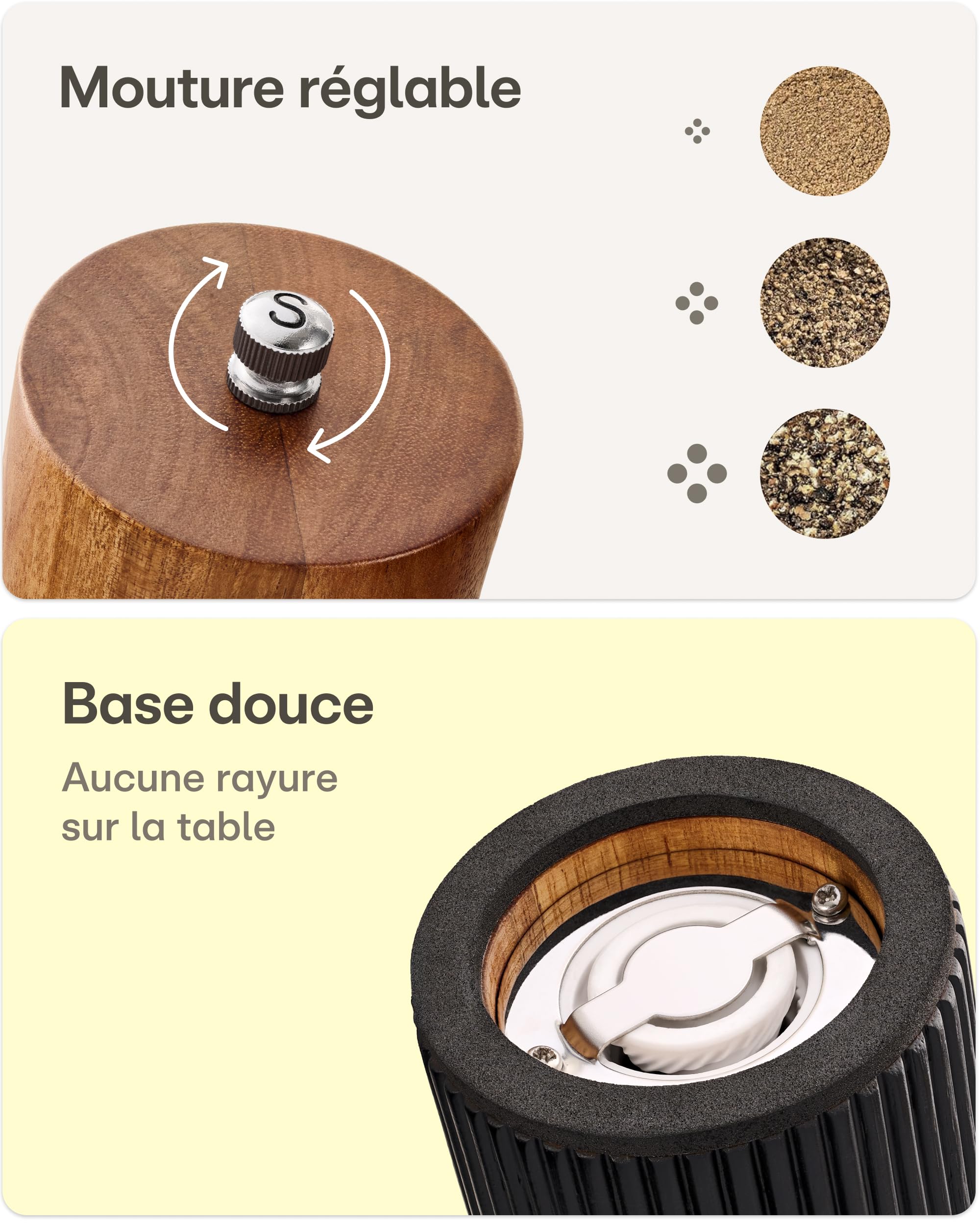 Moulin à Poivre et Sel Manuel en Bois d'Acacia FSC® avec Mécanisme Céramique Réglable Noir Petit