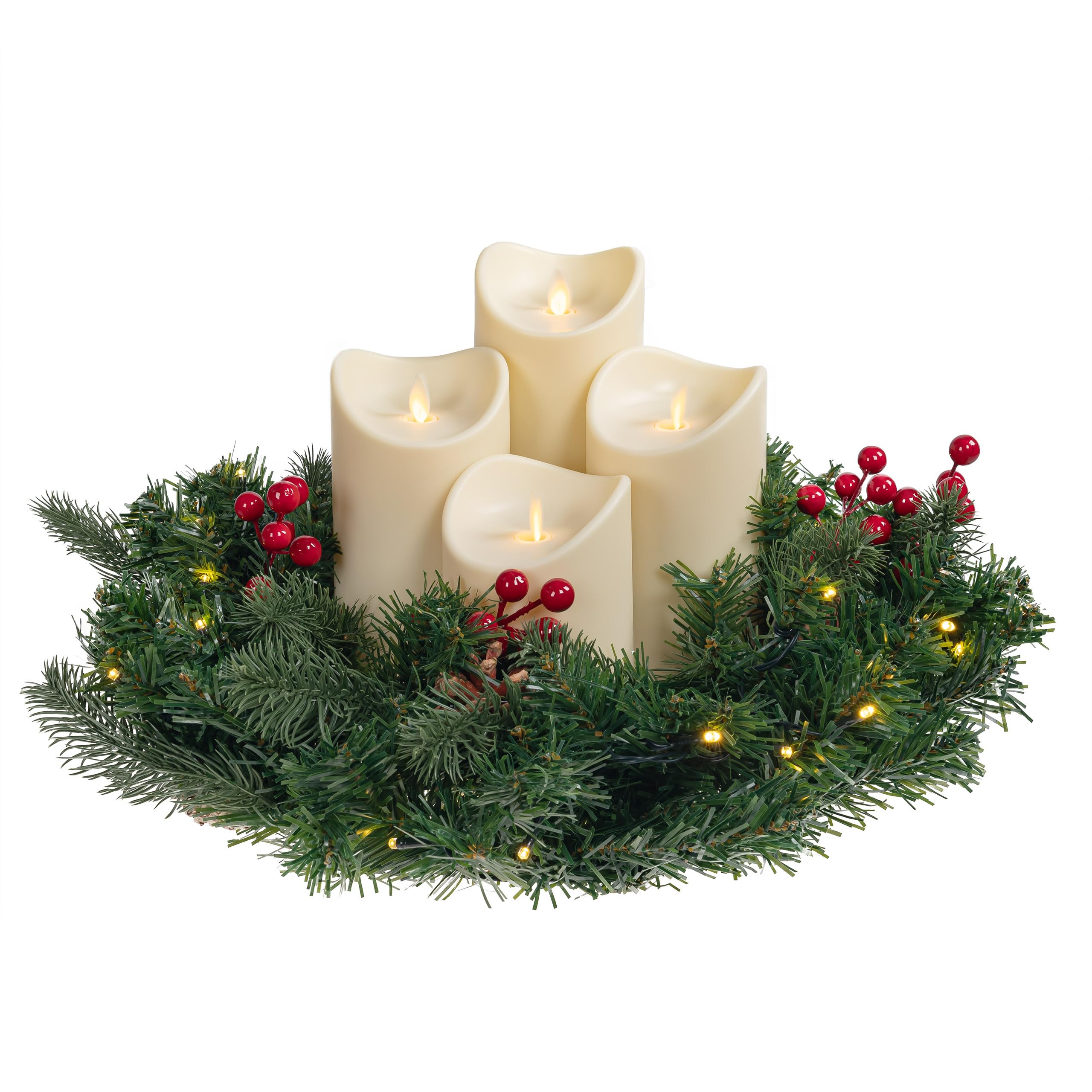 Knstlicher Adventskranz mit Lichterkette und LED Kerzen |  batteriebetrieben | Sicher in der Anwendung | Tannenkranz mit Zapfen und  Beeren (4 Kerzen, Cremefarben) : Amazon.de: Kche, Haushalt & Wohnen