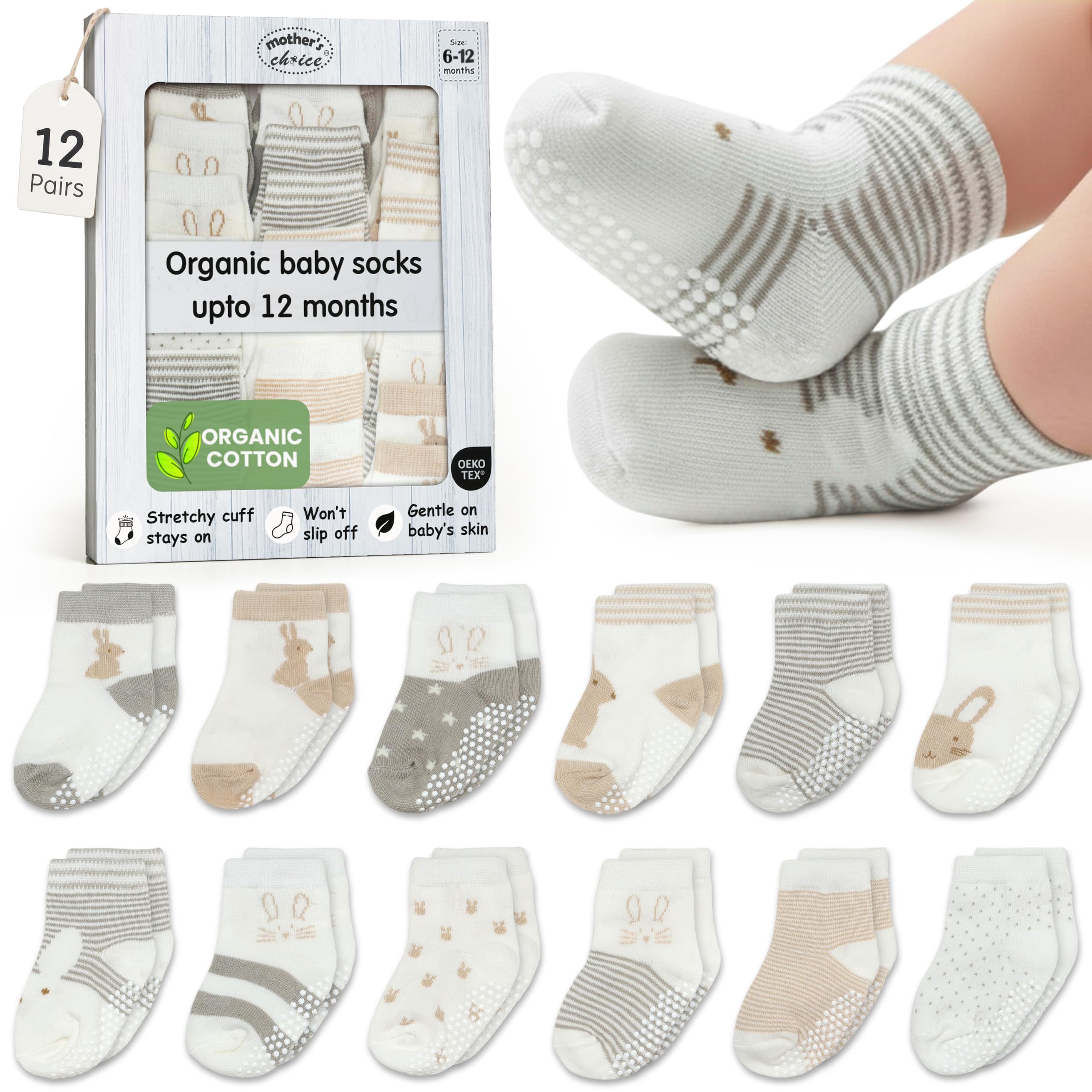 Mother's Choice Lot de 12 paires de chaussettes antidérapantes en coton bio pour bébé de 6 à 12 m