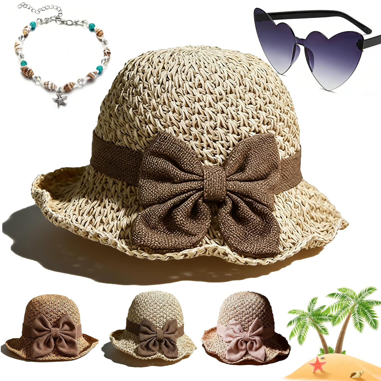 Gienslru Beige Versatile Retro Woven Handmade Straw Hat With Ruffled Bow, Flower Shape Cloche Hat, Uv Protection Ruffle Wide Brim Straw Bucket Hats, Foldable Breathable Travel Beach (Beige)