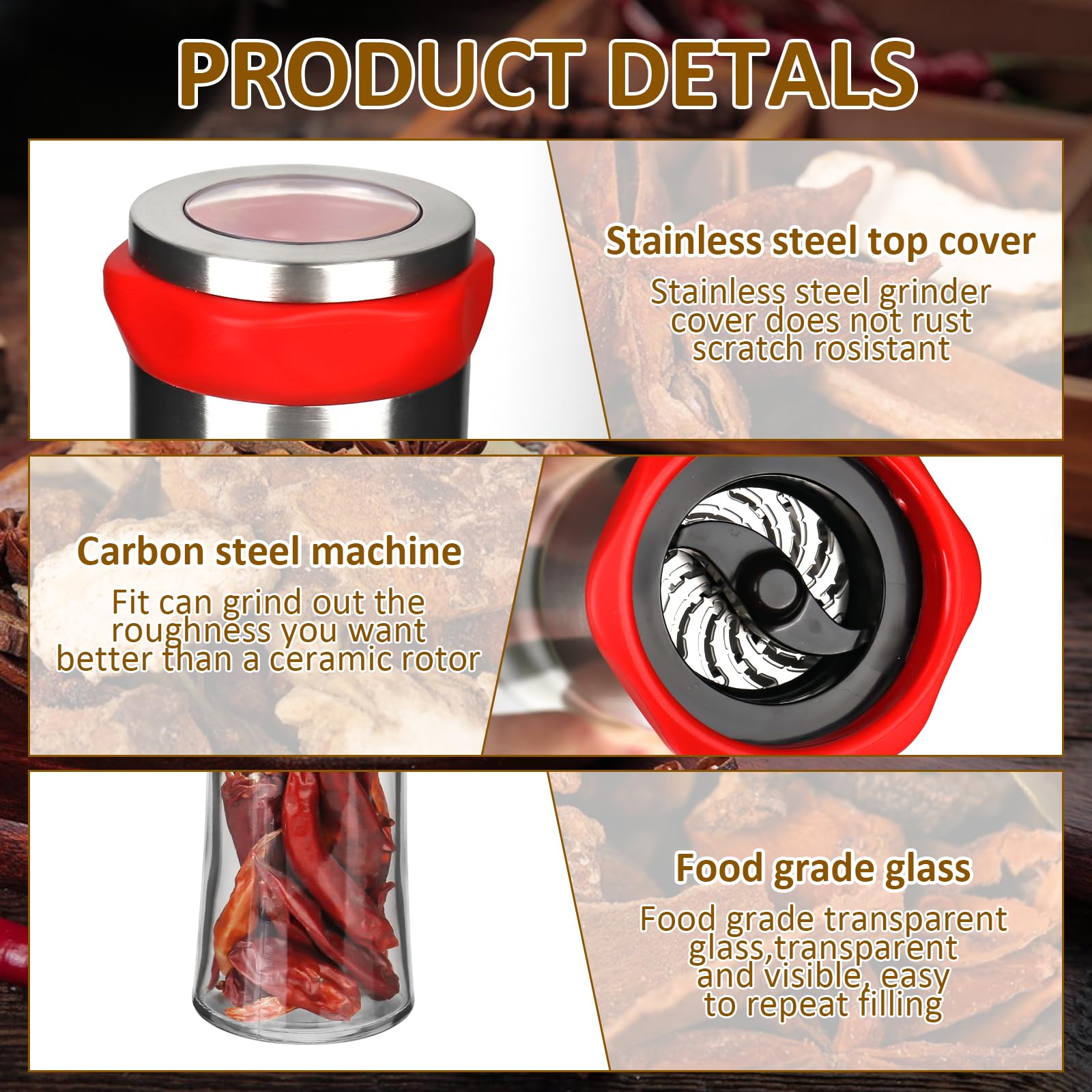 Trendecor Chilimolen, chilimolen van roestvrij staal, glas, chilisnijder, kruidensnijder, keukenhulp, chilipeper, kruidenmolen voor grove specerijen, chilipepers, navulpeper, zoutmolen