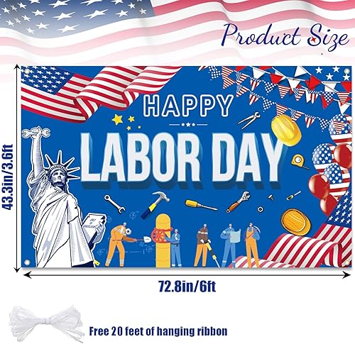 Miniatura 2 de Telón de fondo de feliz día del trabajo de 72.8 x 43.3 pulgadas, poliéster rojo, incluye telón de fondo y cuerda, perfecto para decoraciones de