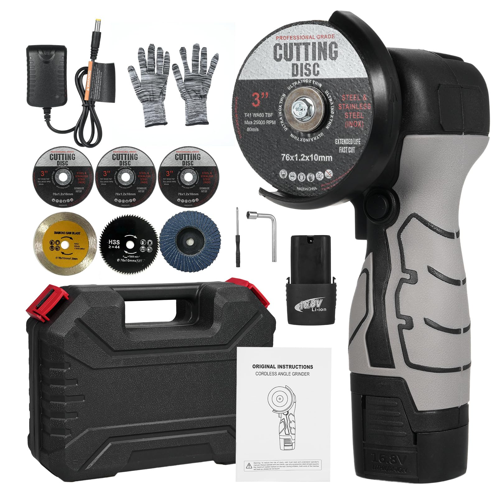 Weytoll Smerigliatrice angolare a batteria 7000 giri/min Mini smerigliatrice elettrica con 2 batterie 16,8 V 2000 mAh e disco abrasivo per tagliare mattoni lucidati, legno, pietra, acciaio