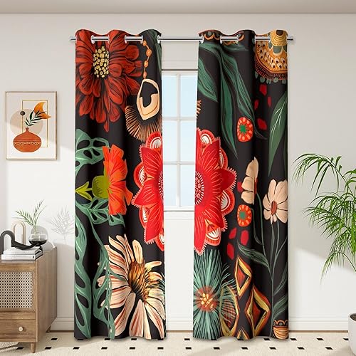 Miniatura 8 de Cortinas Opacas Florales Bohemias Negras 100% para Dormitorio 72 Pulgadas de Largo 2 Paneles Cortinas Opacas Botánicas de Mediados de Siglo Negras