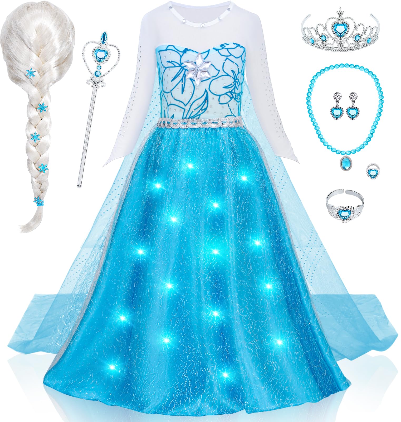 G.C Girls Light Up Princess Dress Costume Toddler Princess Dress Up with Cape Kids Wig Crown Toys Halloween Cosplay