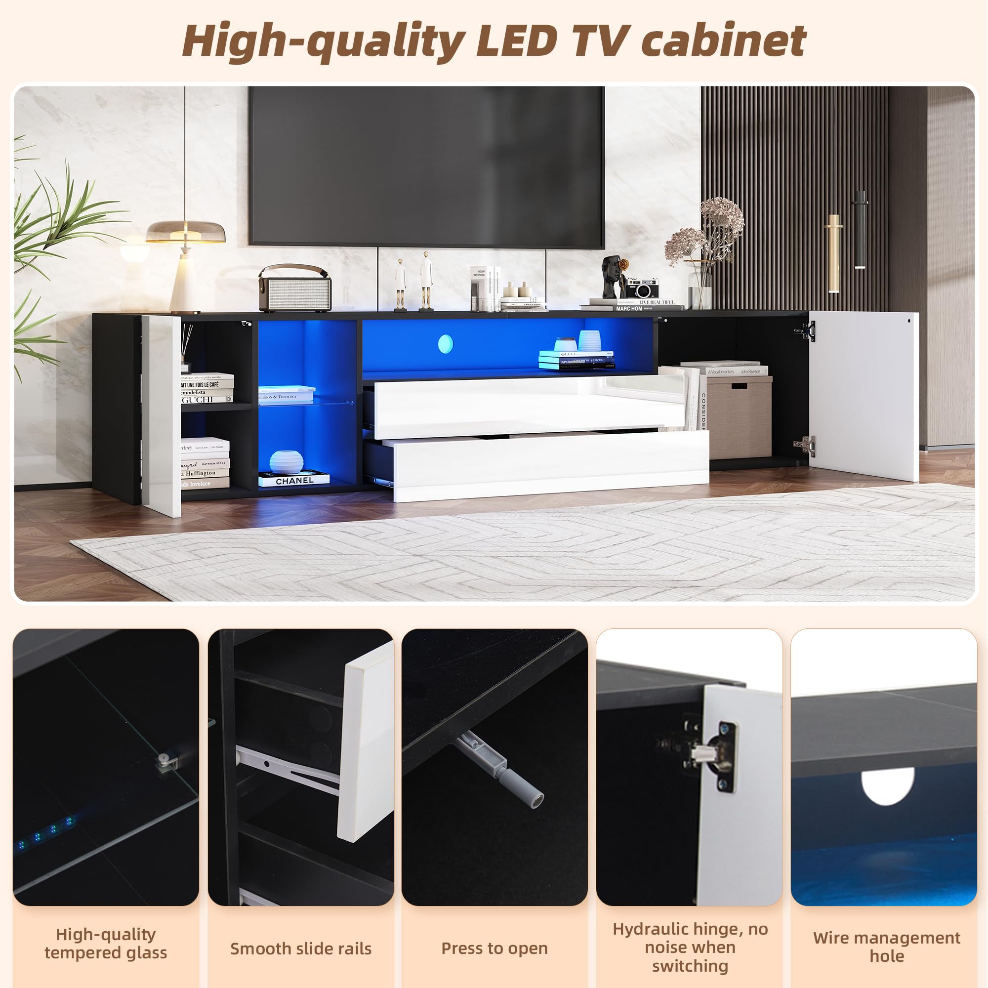 LAKFEW Mueble TV 180 cm de hasta 75 Pulgadas, Mueble TV Salon con Luz LED y 2 Cajones, Muebles TV con 2 Puertas y 2 Compartimentos de Almacenamiento, Muebles de Salon, 180x40x45 cm, Blanco + Negro