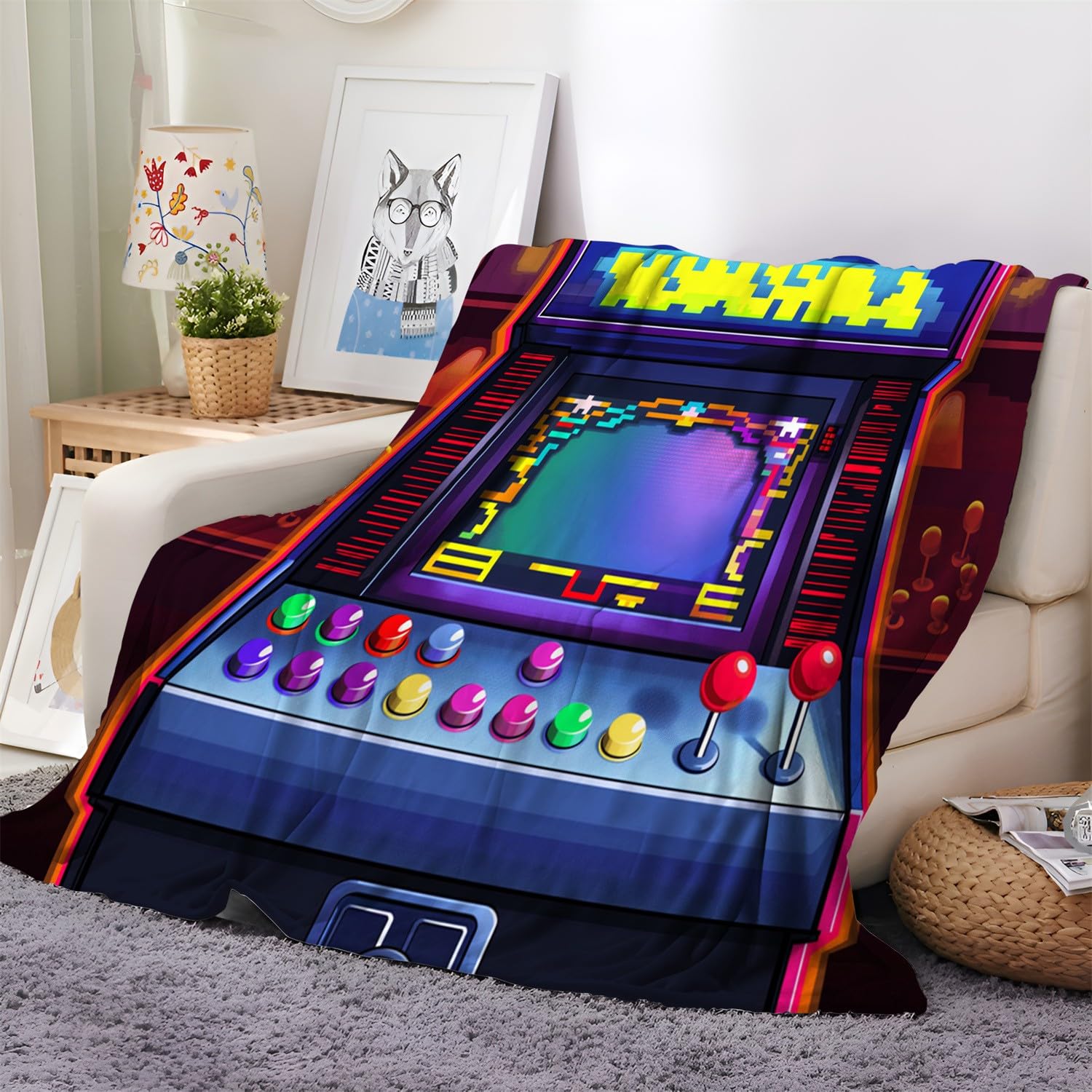 Coperta Divano di Pile Flanella Matrimoniale 180x200cm, Mobile Arcade Per Videogiochi a Cartoni Animati Copridivano Caldo e Morbido, Retrò Sherpa Coperta per Divano o Letto, leggera