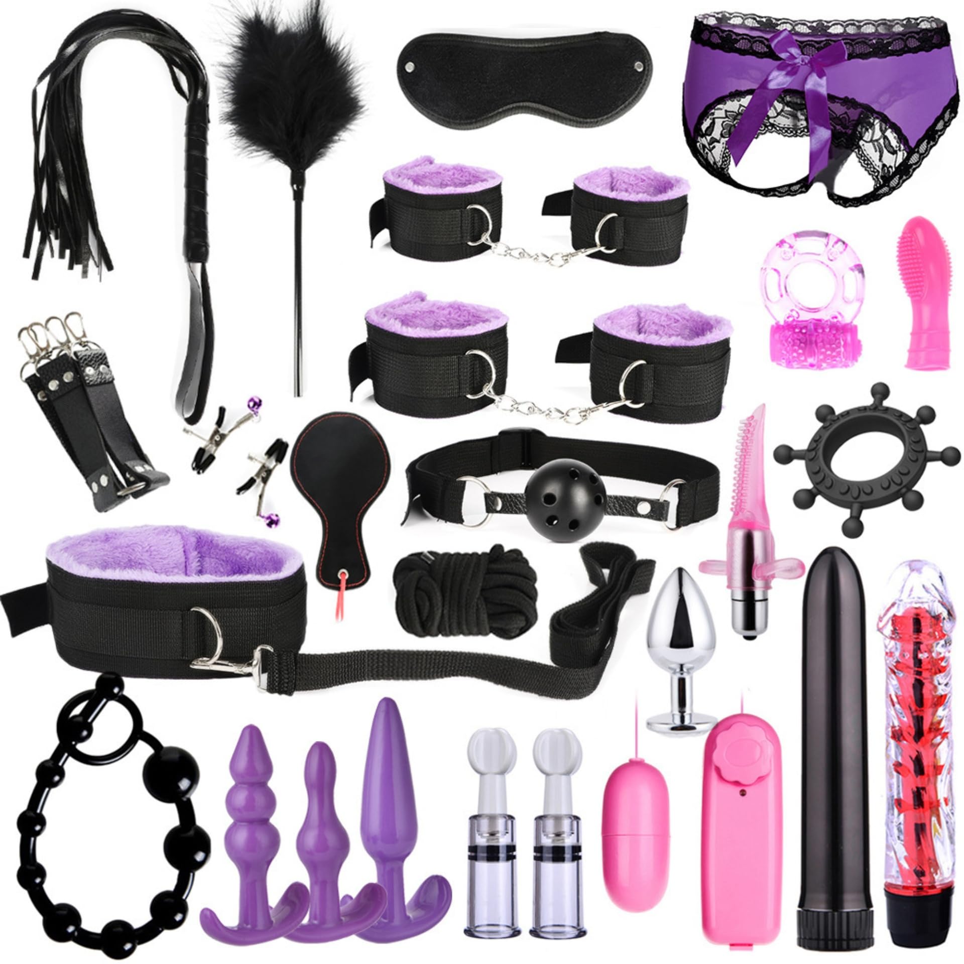 Juego de esposas de felpa de 26 piezas: una experiencia única para adultos, cómoda y segura-ESMY1005 (Morado)